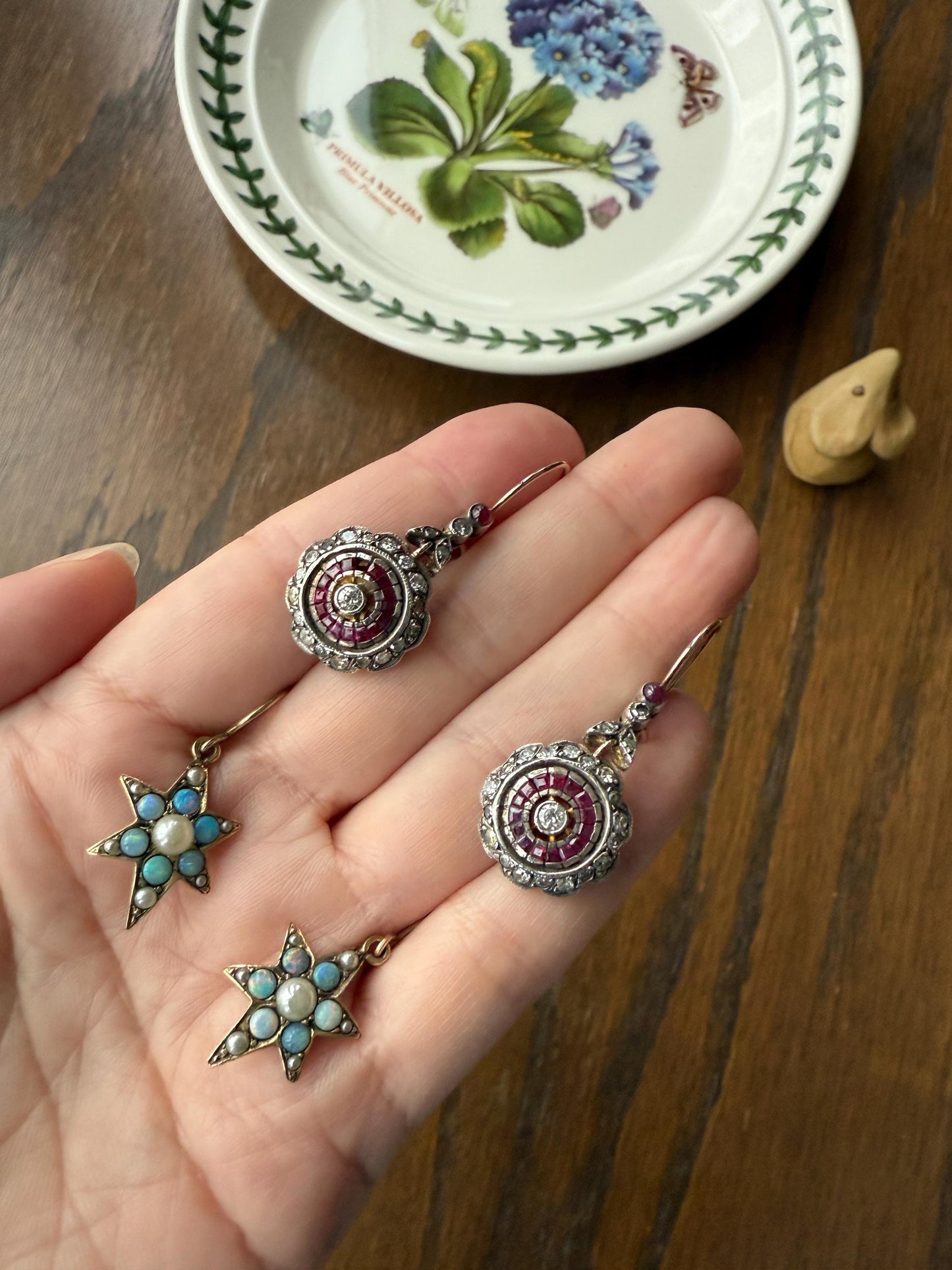 Natural RUBY Halo Antique Old Single Cut DIAMOND Halo Dangle Earrings 8k 14k Gold Sterling Silver Scalloped Floral Cluster Bullseye Target