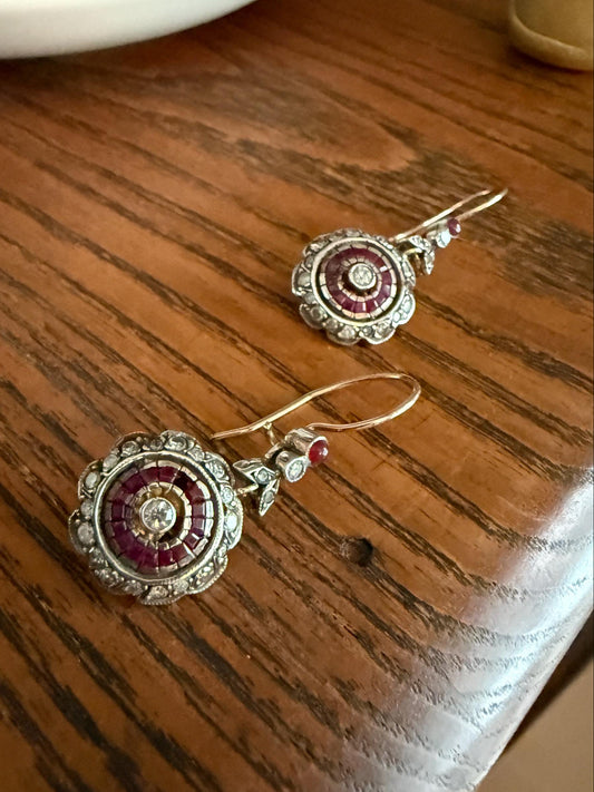 Natural RUBY Halo Antique Old Single Cut DIAMOND Halo Dangle Earrings 8k 14k Gold Sterling Silver Scalloped Floral Cluster Bullseye Target