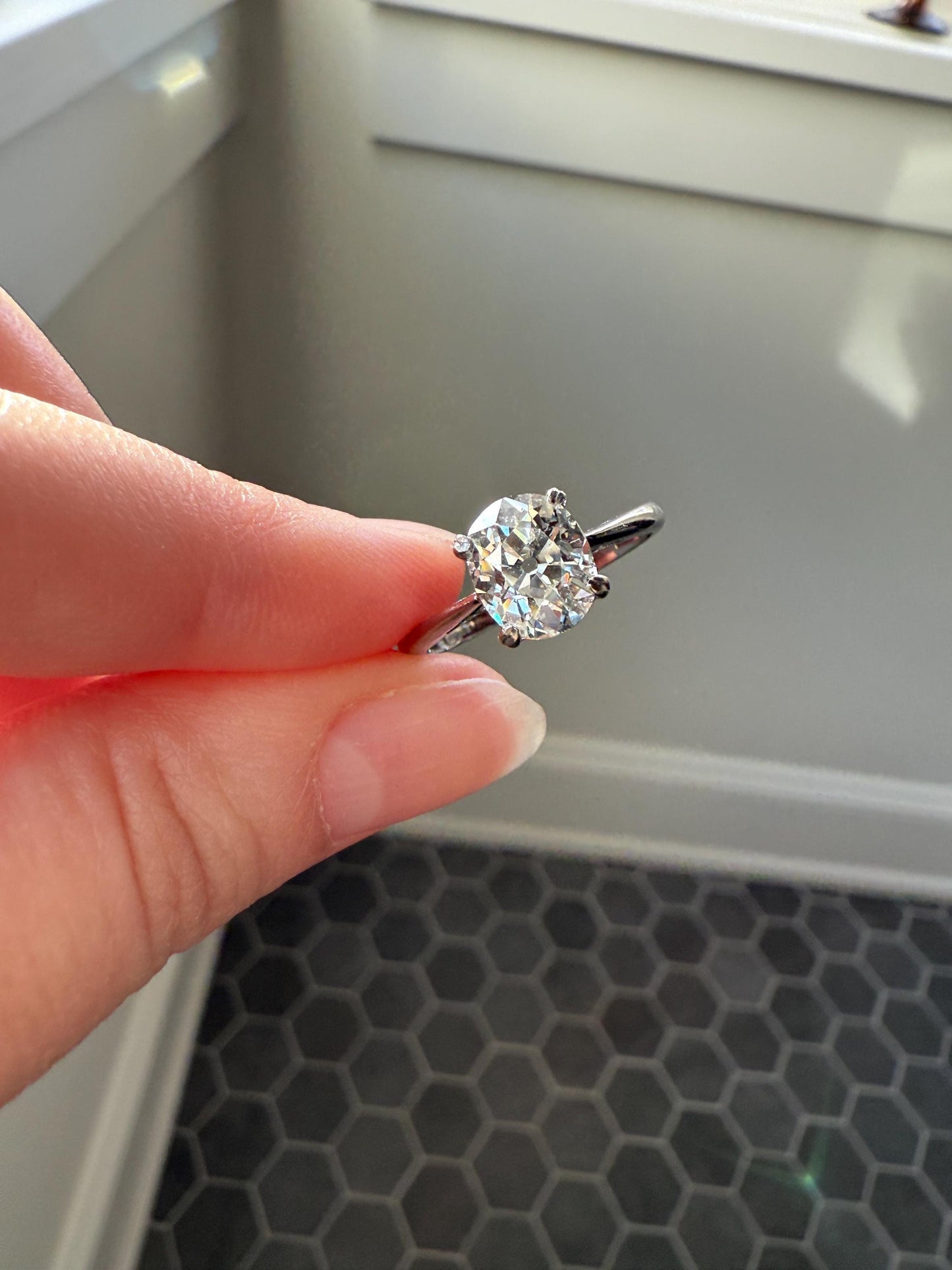 OVAL Antique 1.87 Carat Eye CLEAN Elongated Old Mine Cut DIAMOND Solitaire Engagement Ring w/ cert French 18k White Gold 1.87ct OmC