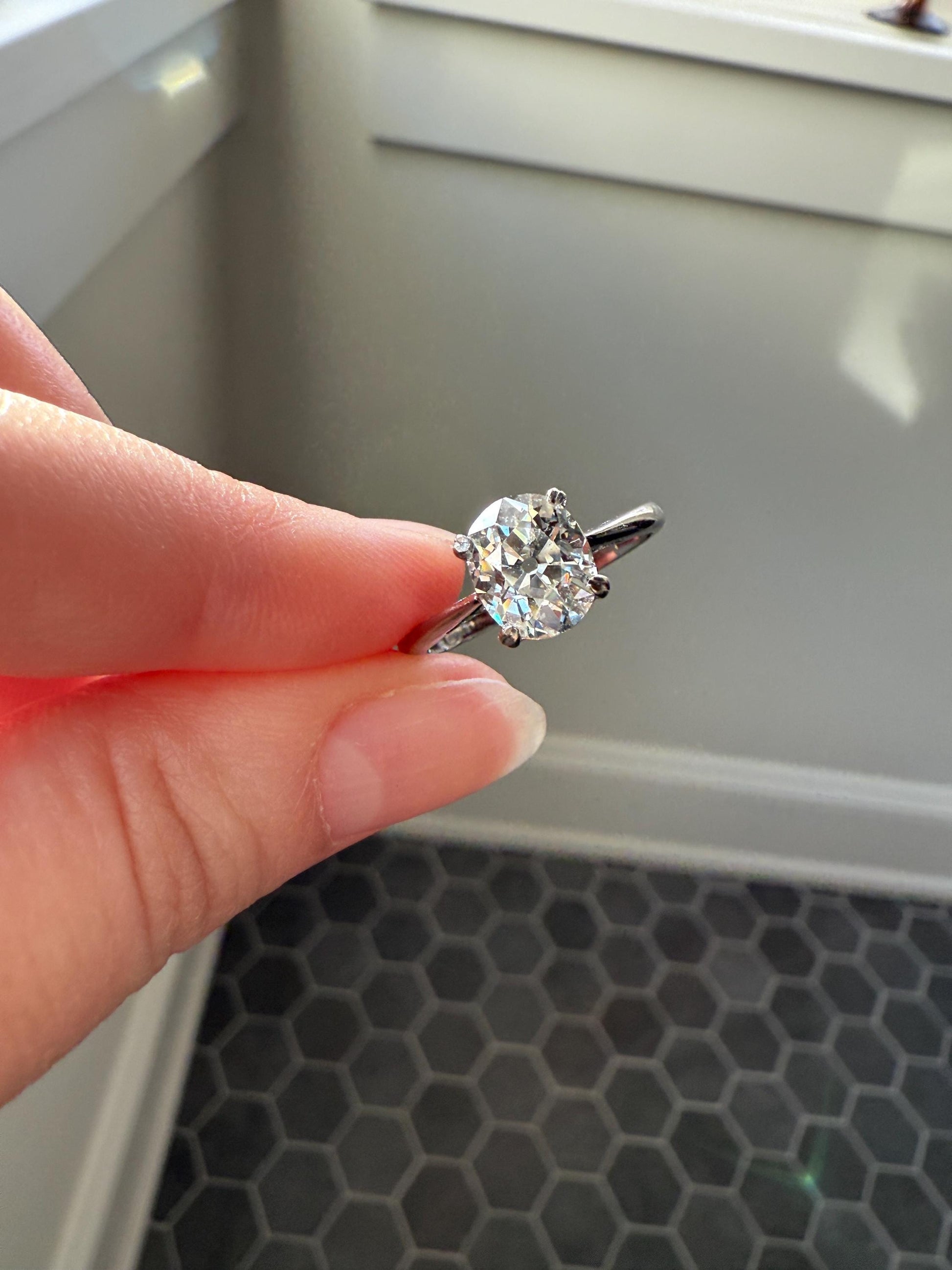 OVAL Antique 1.87 Carat Eye CLEAN Elongated Old Mine Cut DIAMOND Solitaire Engagement Ring w/ cert French 18k White Gold 1.87ct OmC