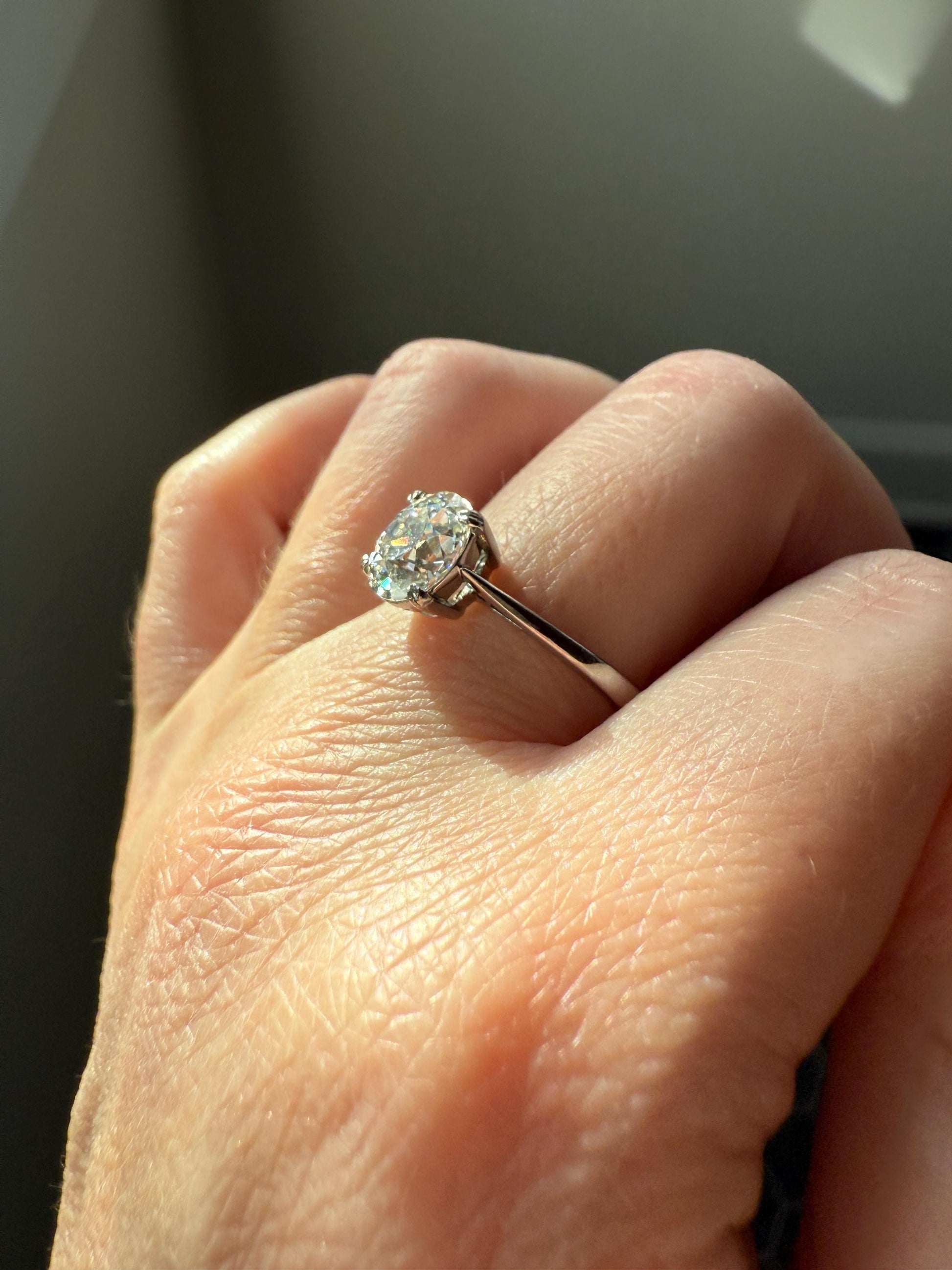 OVAL Antique 1.87 Carat Eye CLEAN Elongated Old Mine Cut DIAMOND Solitaire Engagement Ring w/ cert French 18k White Gold 1.87ct OmC