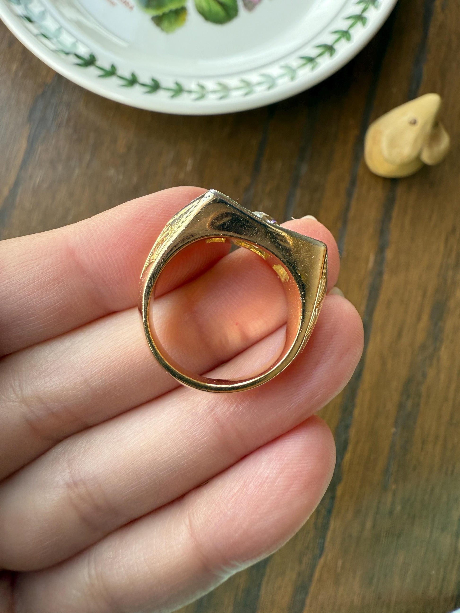 HEAVY French Antique 2 CARATS Old Mine Cut DIAMOND Chunky Tank Ring 14.6g 18k Gold Engraved Flared Geometric Rectangular Art Deco Omc
