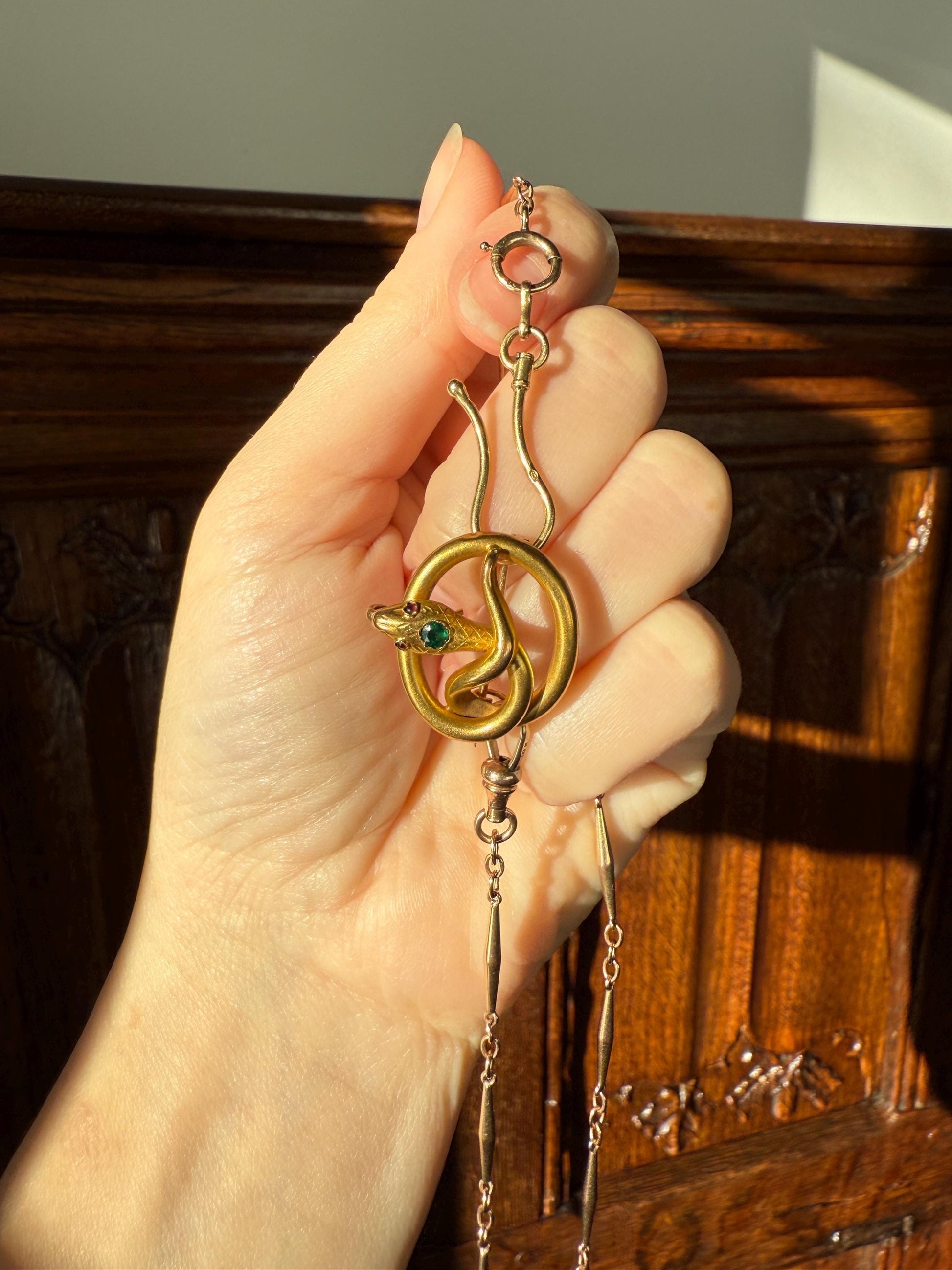 SNAKE Victorian Antique Figural 18k Gold Solid French Brooch w/ Pendant Holder Extender Connector Green Emerald Head Ruby Eyes