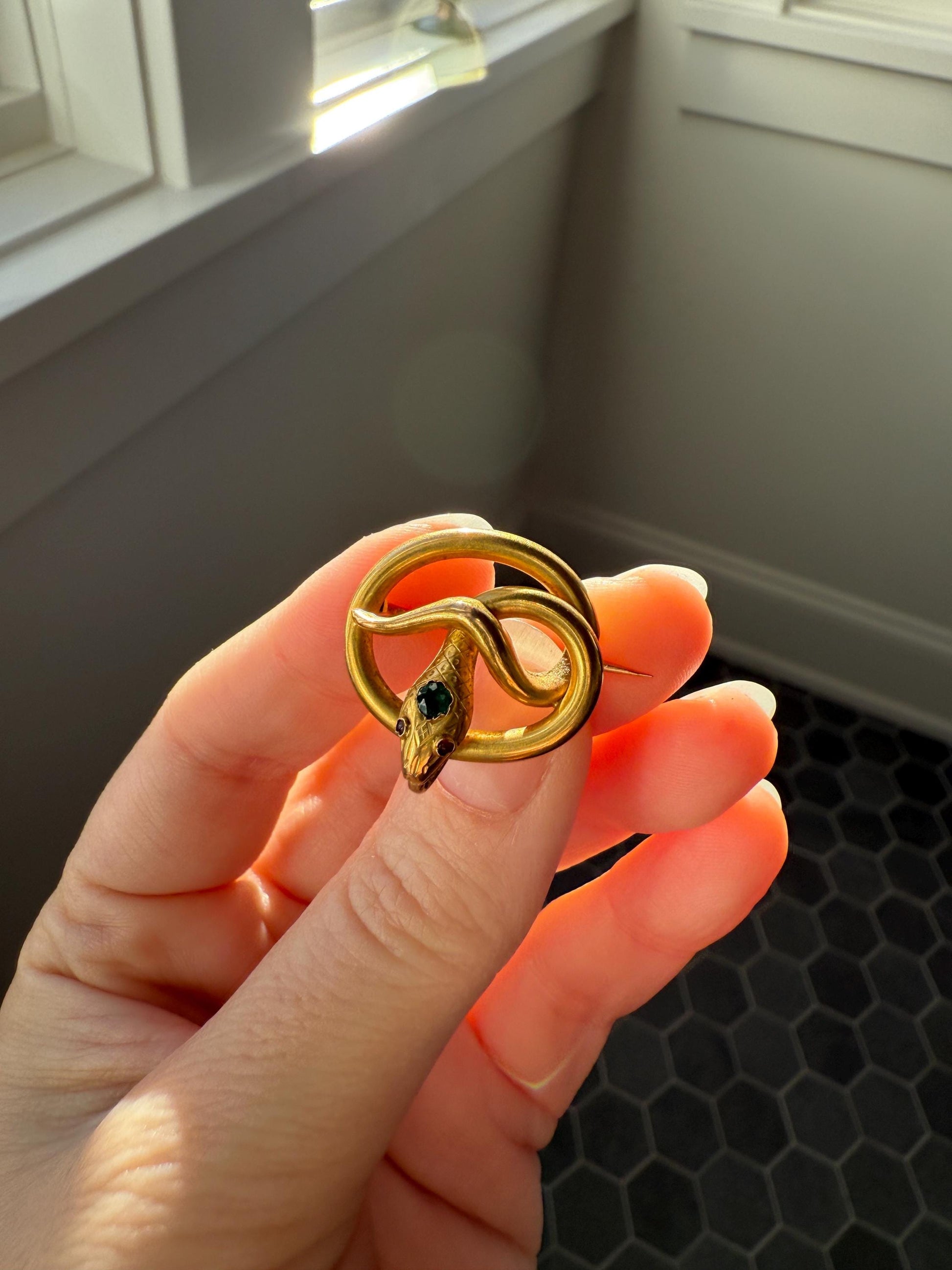 SNAKE Victorian Antique Figural 18k Gold Solid French Brooch w/ Pendant Holder Extender Connector Green Emerald Head Ruby Eyes