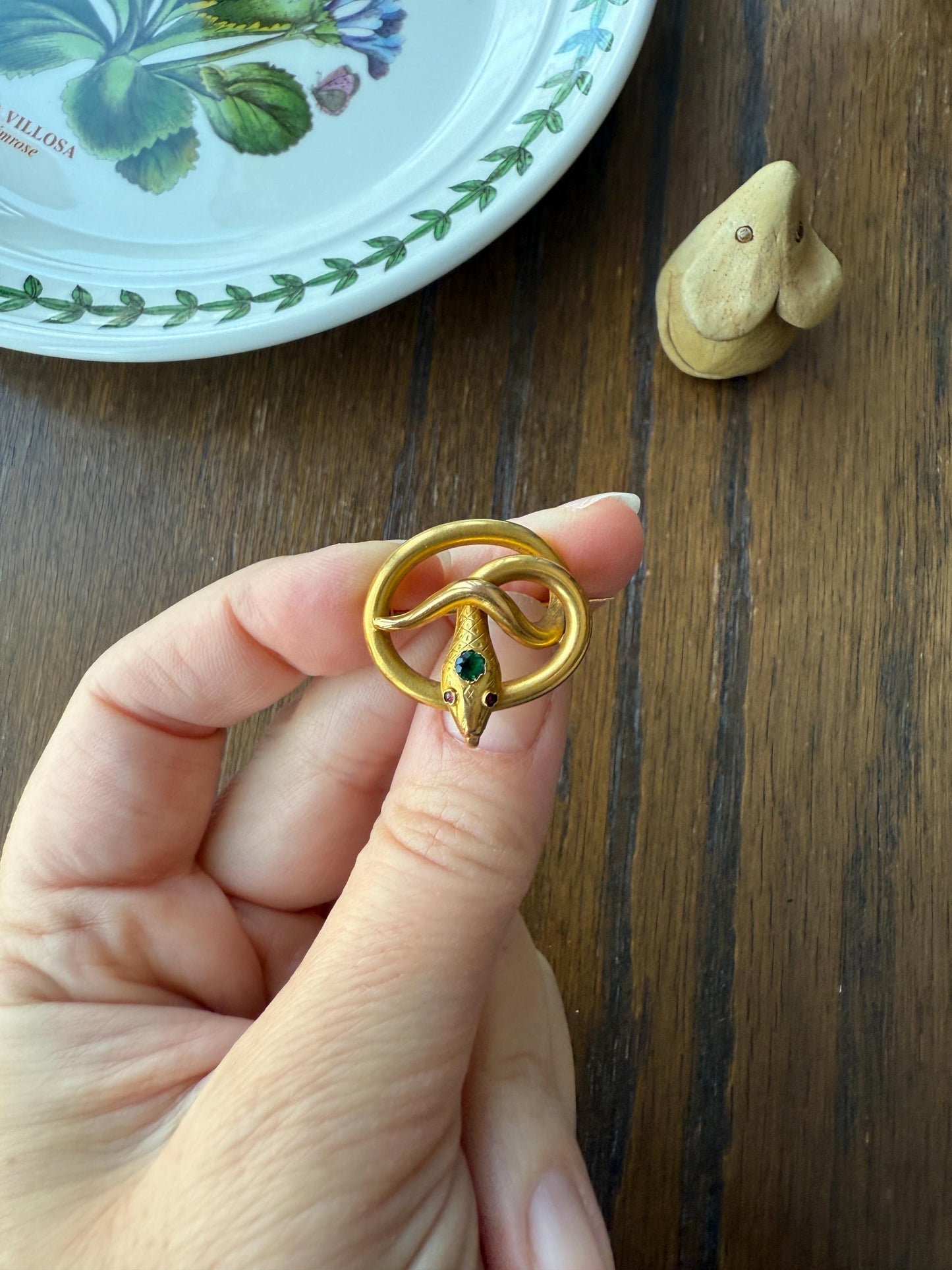 SNAKE Victorian Antique Figural 18k Gold Solid French Brooch w/ Pendant Holder Extender Connector Green Emerald Head Ruby Eyes