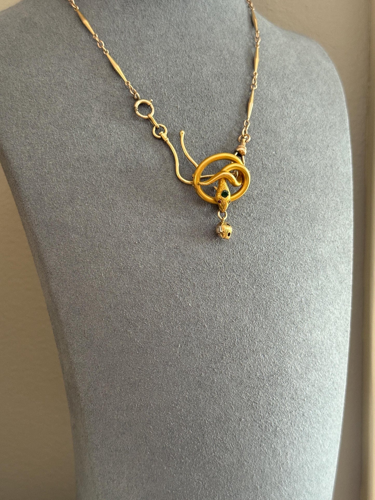 SNAKE Victorian Antique Figural 18k Gold Solid French Brooch w/ Pendant Holder Extender Connector Green Emerald Head Ruby Eyes