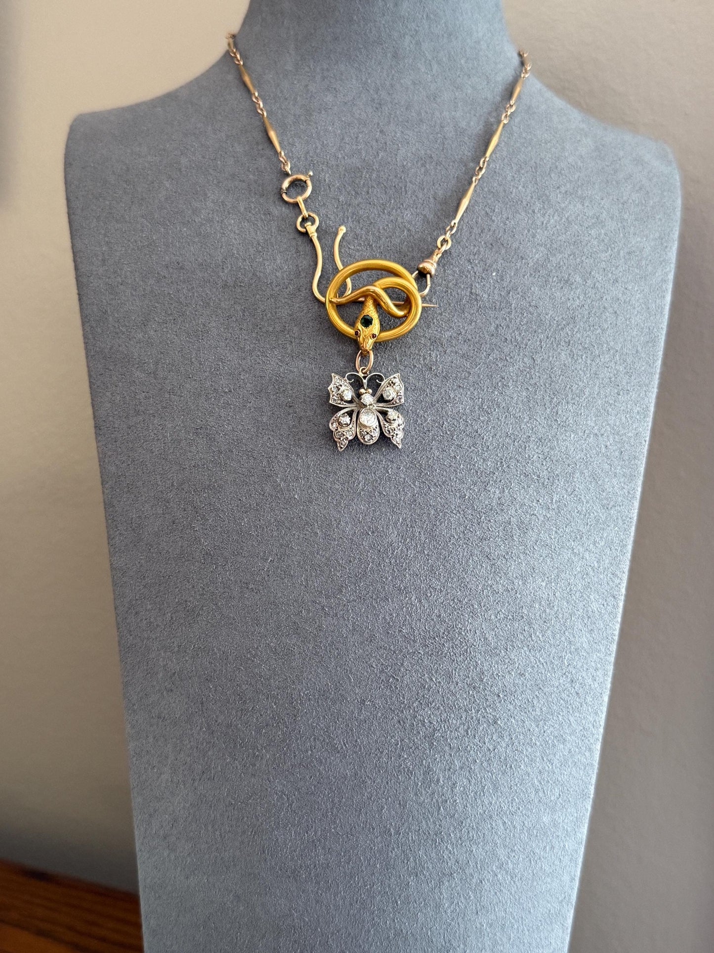 SNAKE Victorian Antique Figural 18k Gold Solid French Brooch w/ Pendant Holder Extender Connector Green Emerald Head Ruby Eyes