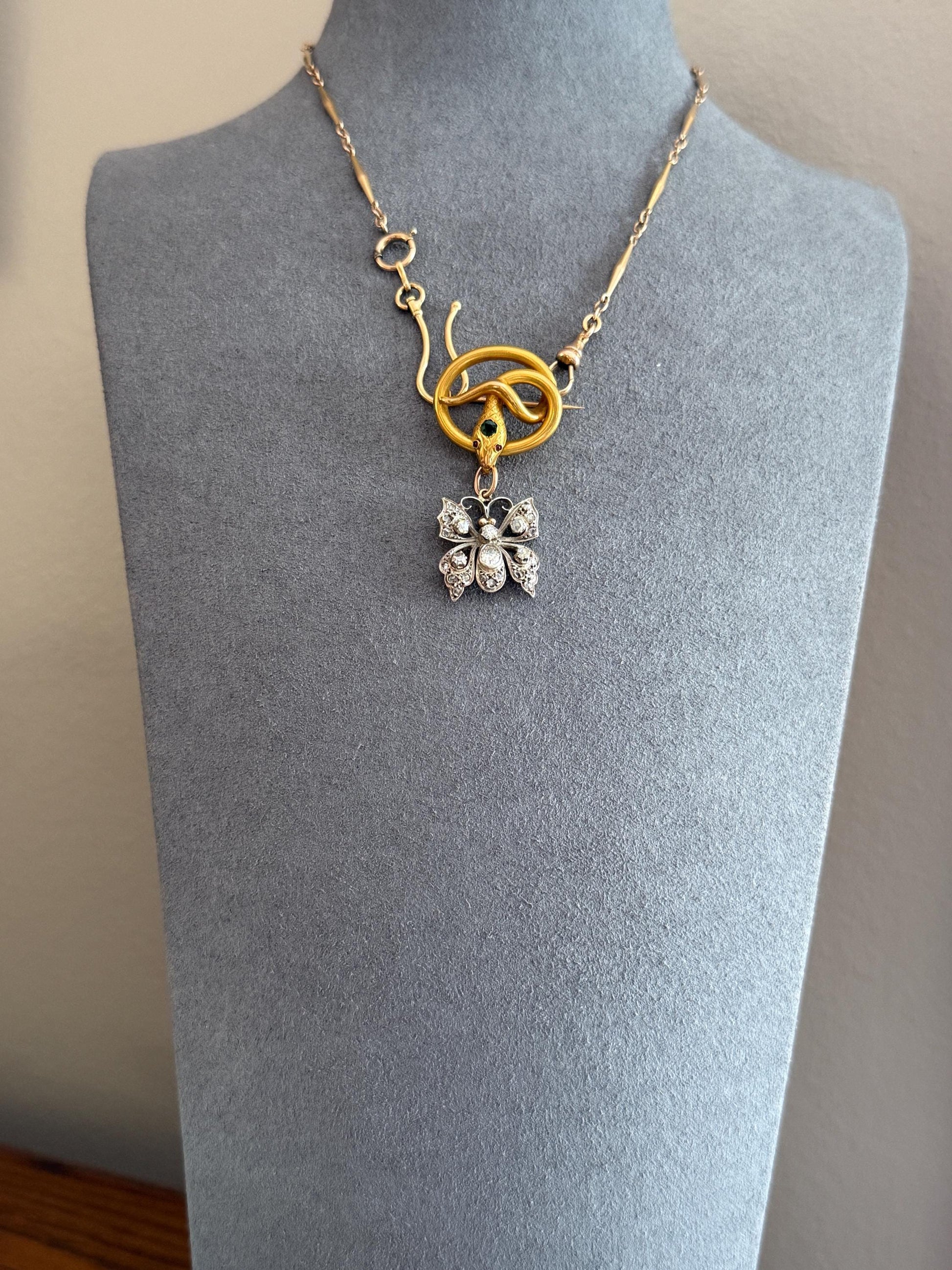 SNAKE Victorian Antique Figural 18k Gold Solid French Brooch w/ Pendant Holder Extender Connector Green Emerald Head Ruby Eyes