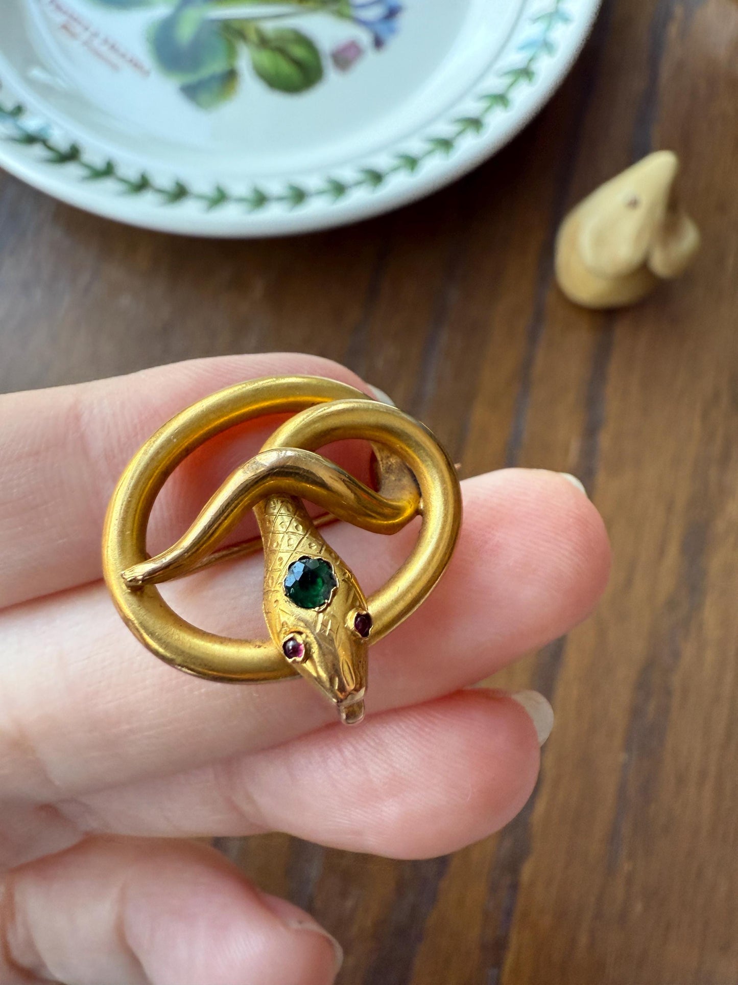 SNAKE Victorian Antique Figural 18k Gold Solid French Brooch w/ Pendant Holder Extender Connector Green Emerald Head Ruby Eyes