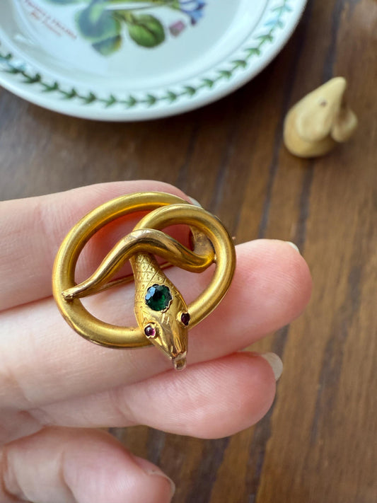 SNAKE Victorian Antique Figural 18k Gold Solid French Brooch w/ Pendant Holder Extender Connector Green Emerald Head Ruby Eyes