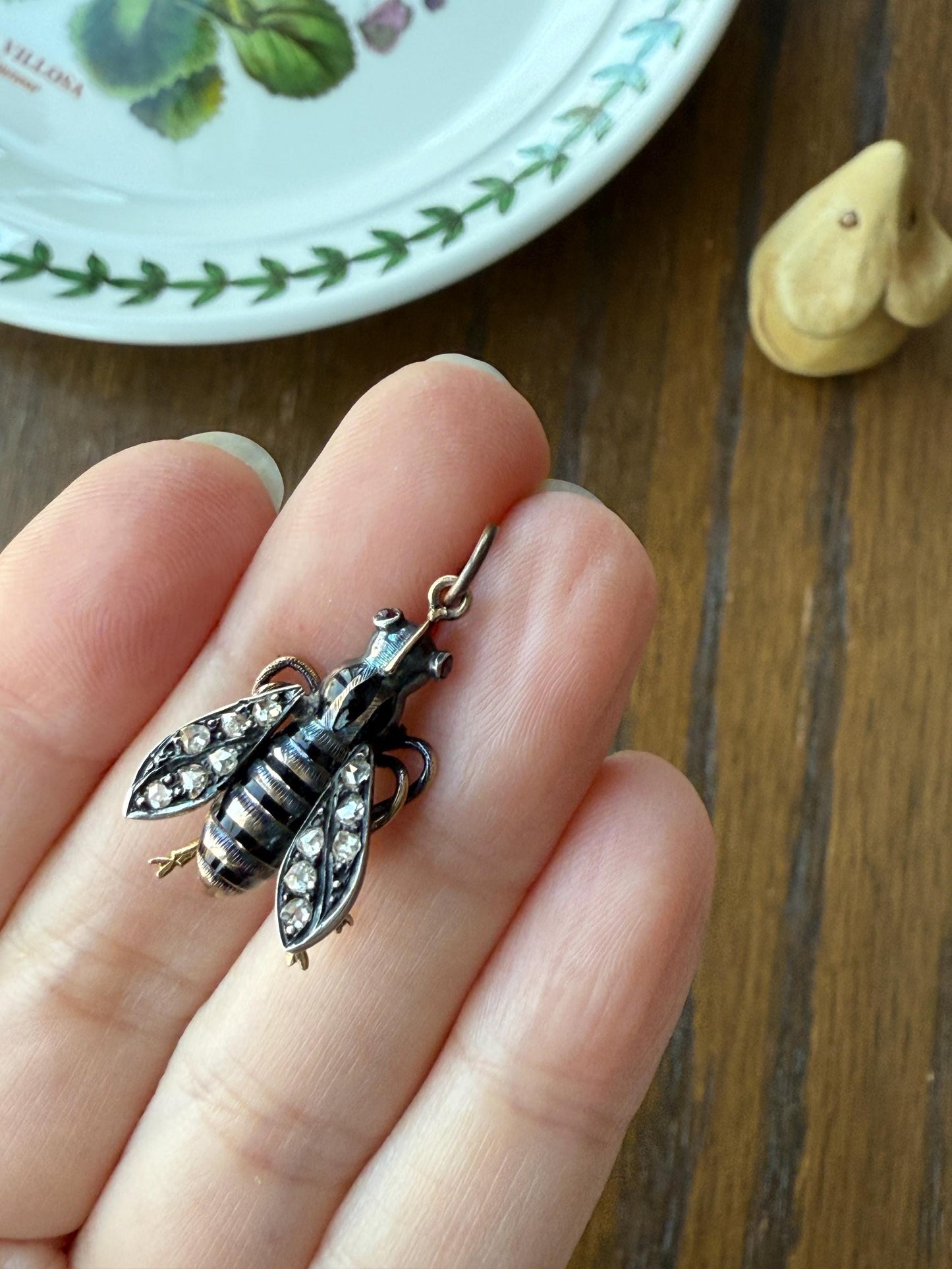 Large BUMBLE BEE Victorian Antique Figural 18k Gold Solid Silver Rose Cut Diamond French Pendant Ruby Eyes Black Enamel Stripes 2 Avail