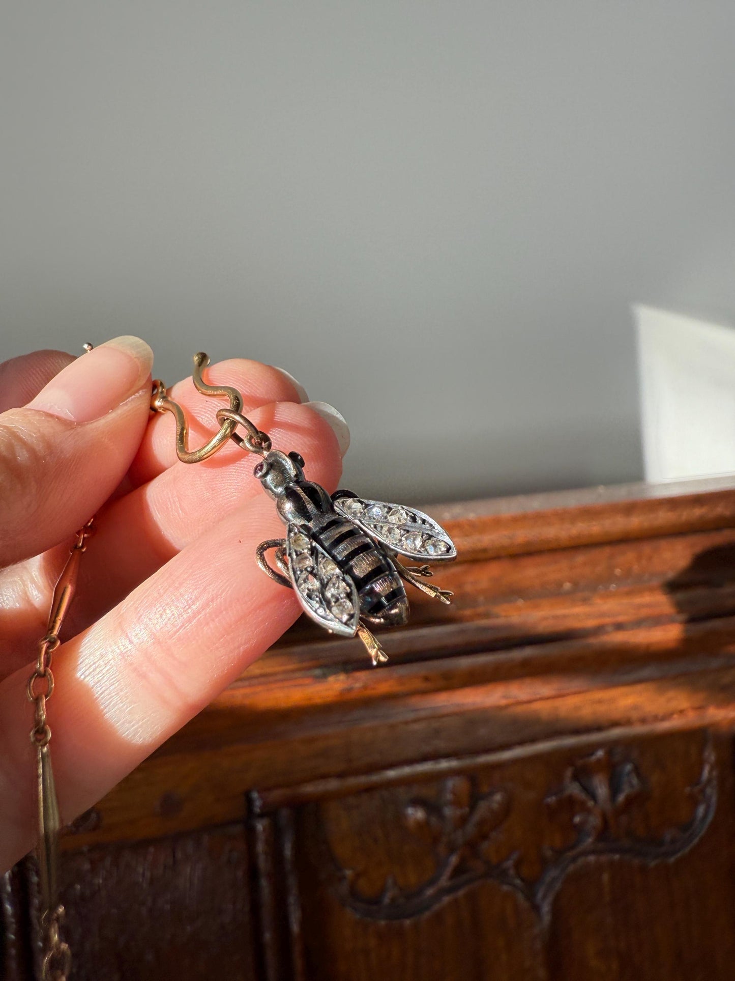 Large BUMBLE BEE Victorian Antique Figural 18k Gold Solid Silver Rose Cut Diamond French Pendant Ruby Eyes Black Enamel Stripes 2 Avail