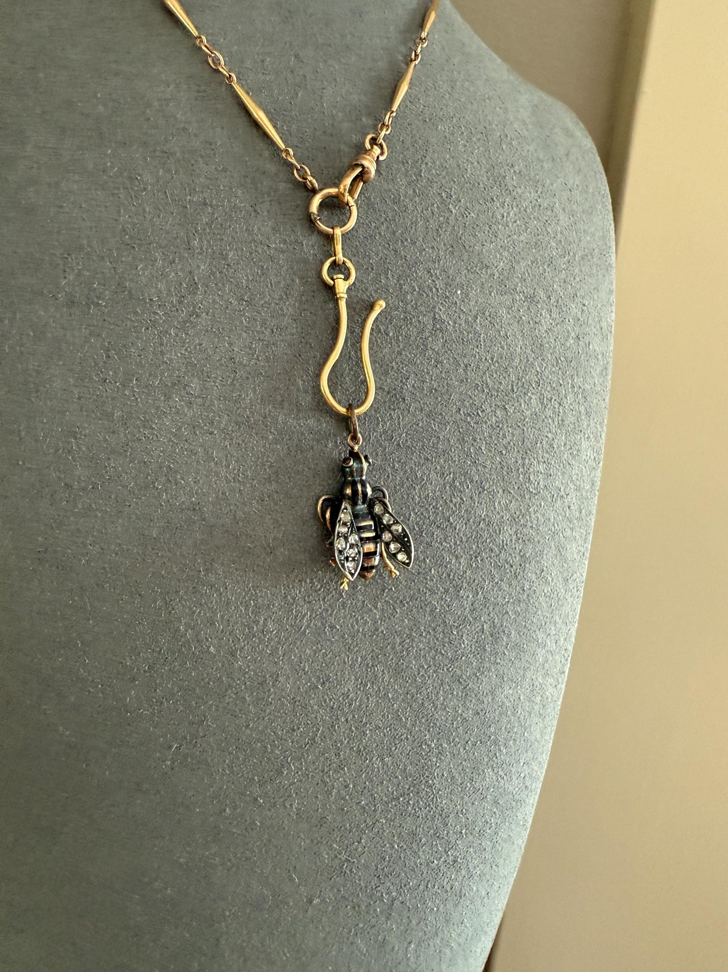 Large BUMBLE BEE Victorian Antique Figural 18k Gold Solid Silver Rose Cut Diamond French Pendant Ruby Eyes Black Enamel Stripes 2 Avail
