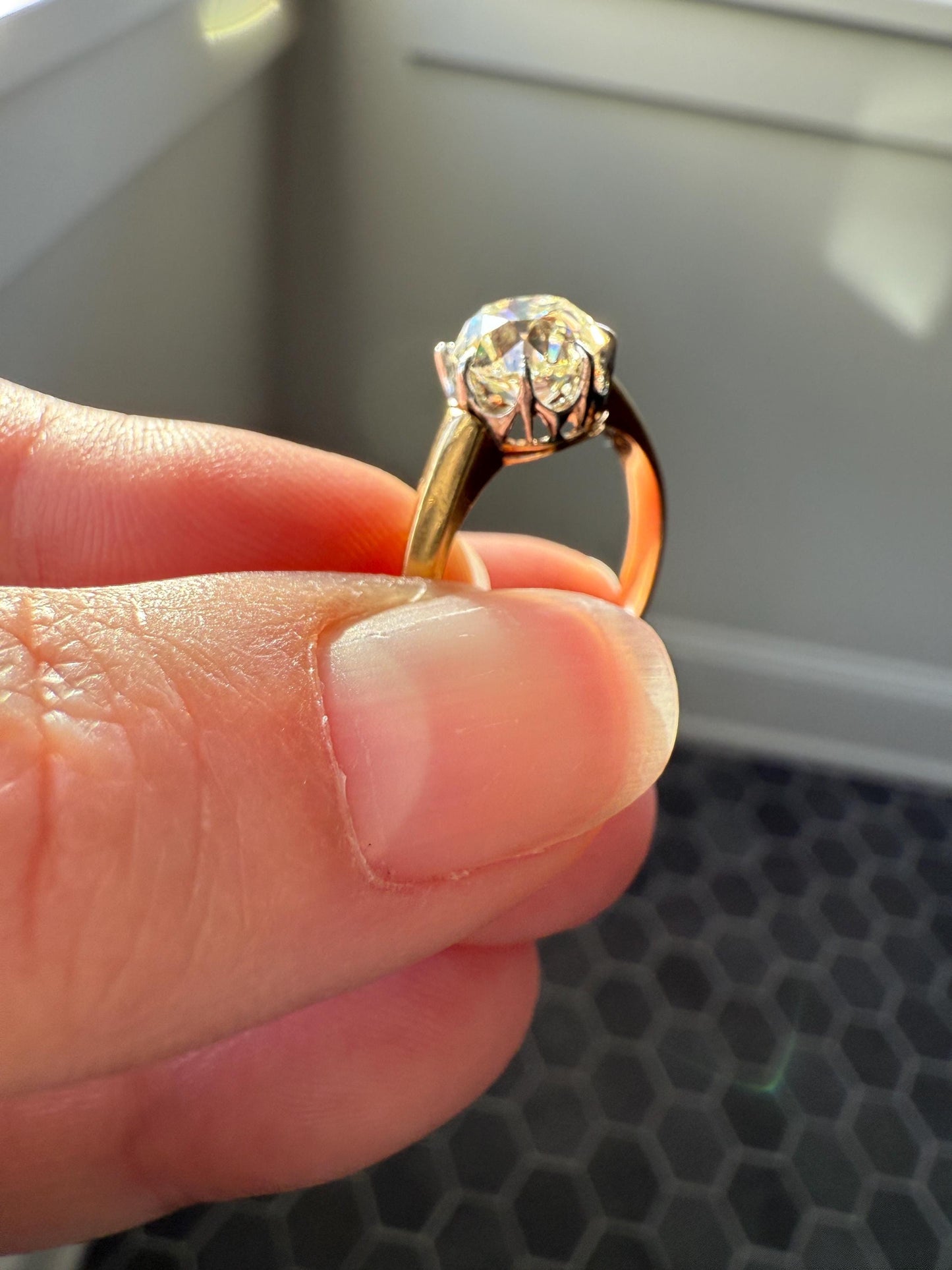 Antique Eye Clean Two Carat Warm Natural Old Mine Cut DiAMOND Solitaire Ring French 18k GOLD Engagement All Original Victorian Setting 2Ctw
