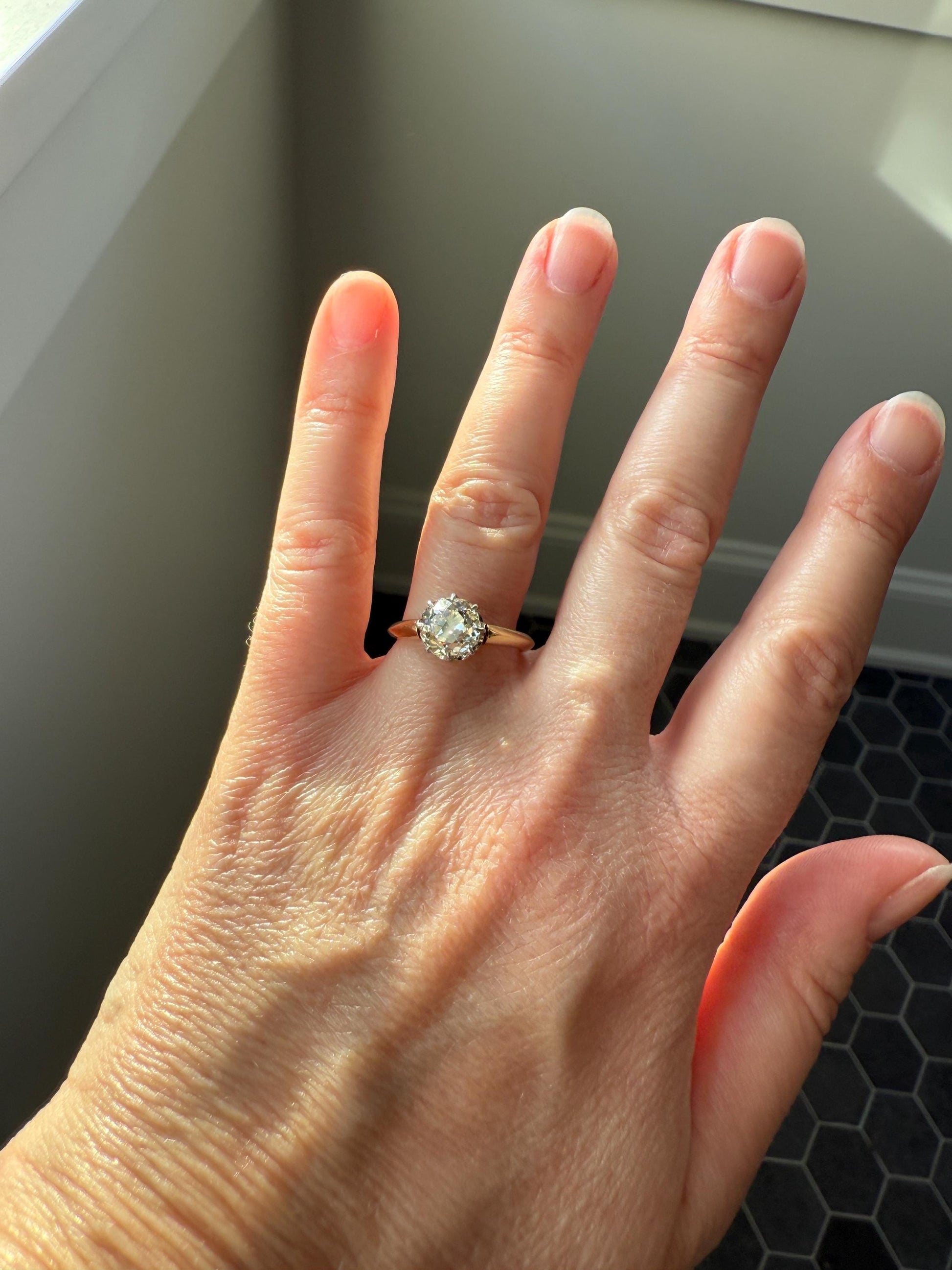 Antique Eye Clean Two Carat Warm Natural Old Mine Cut DiAMOND Solitaire Ring French 18k GOLD Engagement All Original Victorian Setting 2Ctw