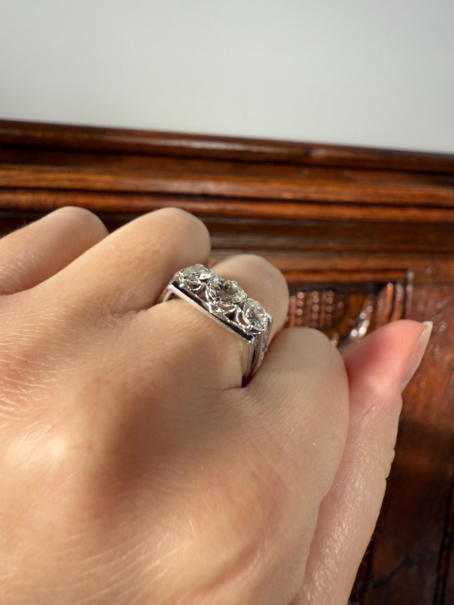 Three Stone Antique 1.75 Carat Old Mine Cut DIAMOND Chunky Tank Geometric Wrap Ring 14k White Gold Platinum Squared Band Stacker