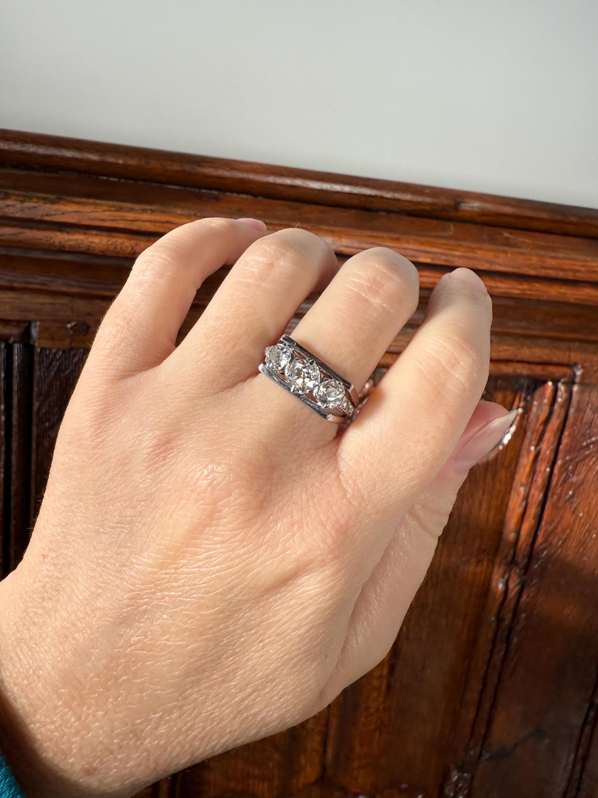 Three Stone Antique 1.75 Carat Old Mine Cut DIAMOND Chunky Tank Geometric Wrap Ring 14k White Gold Platinum Squared Band Stacker