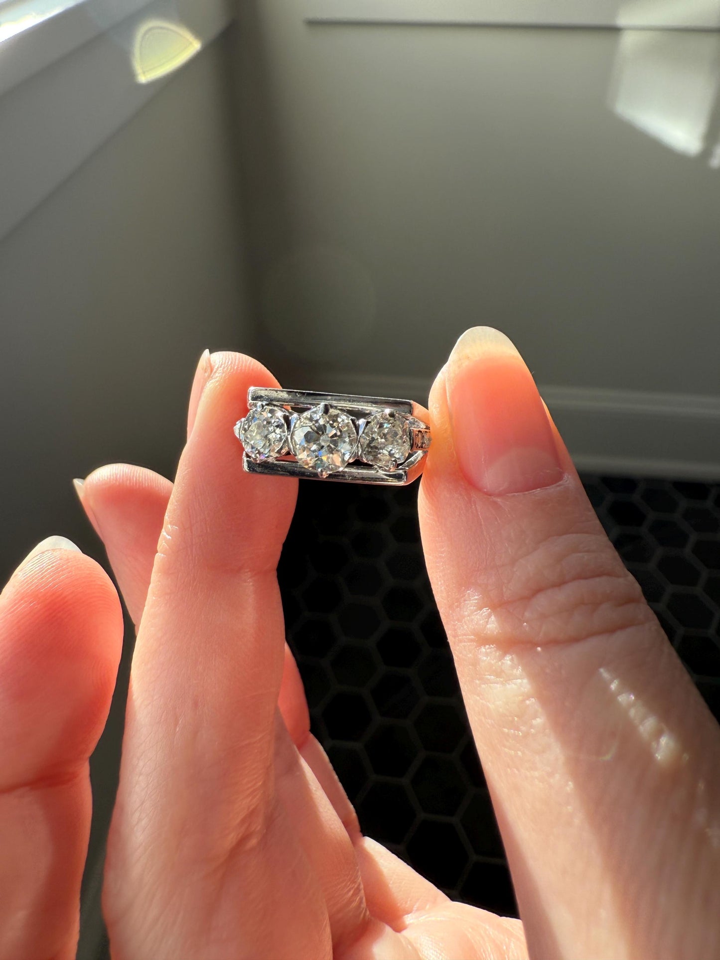 Three Stone Antique 1.75 Carat Old Mine Cut DIAMOND Chunky Tank Geometric Wrap Ring 14k White Gold Platinum Squared Band Stacker