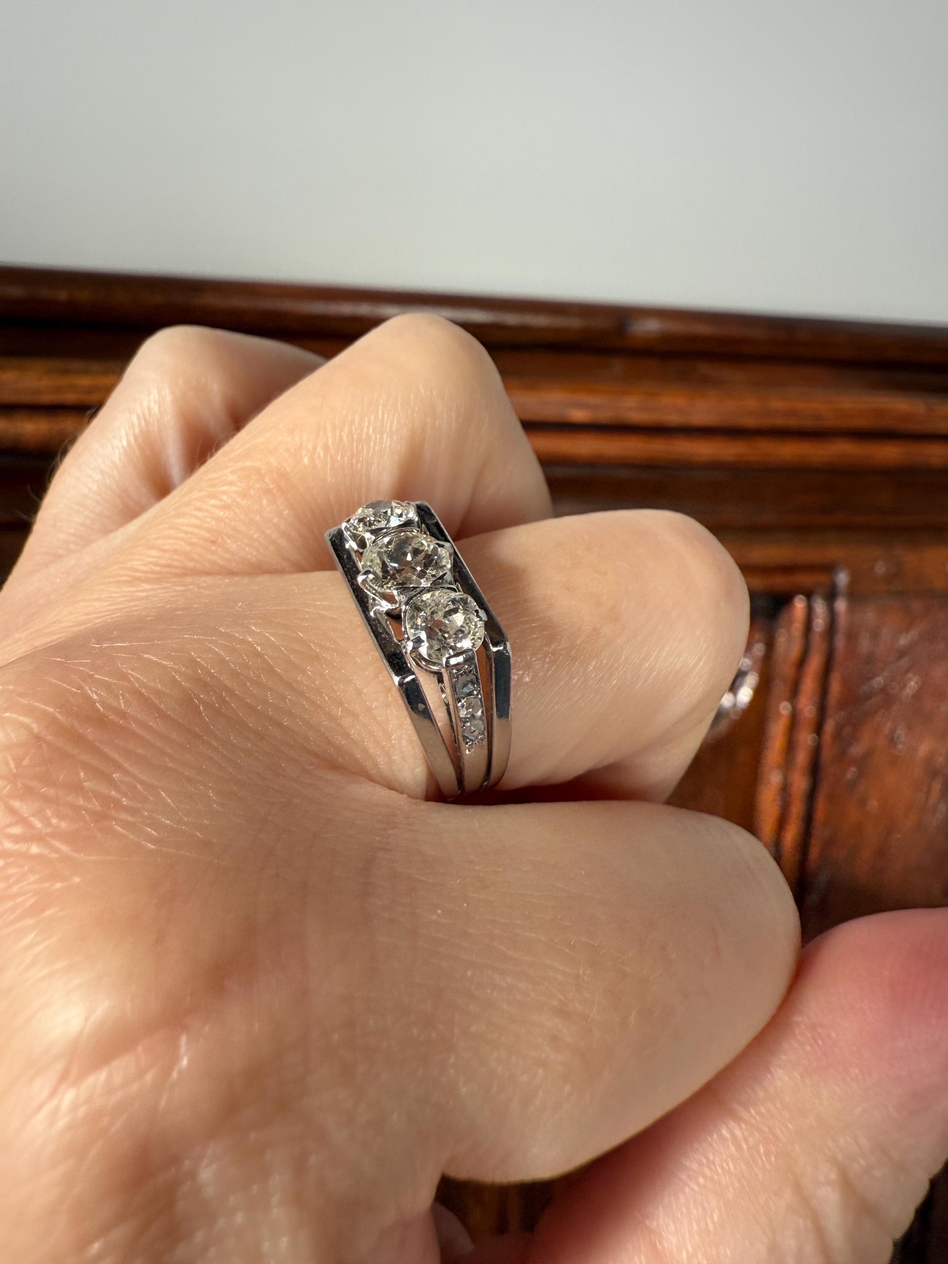 Three Stone Antique 1.75 Carat Old Mine Cut DIAMOND Chunky Tank Geometric Wrap Ring 14k White Gold Platinum Squared Band Stacker