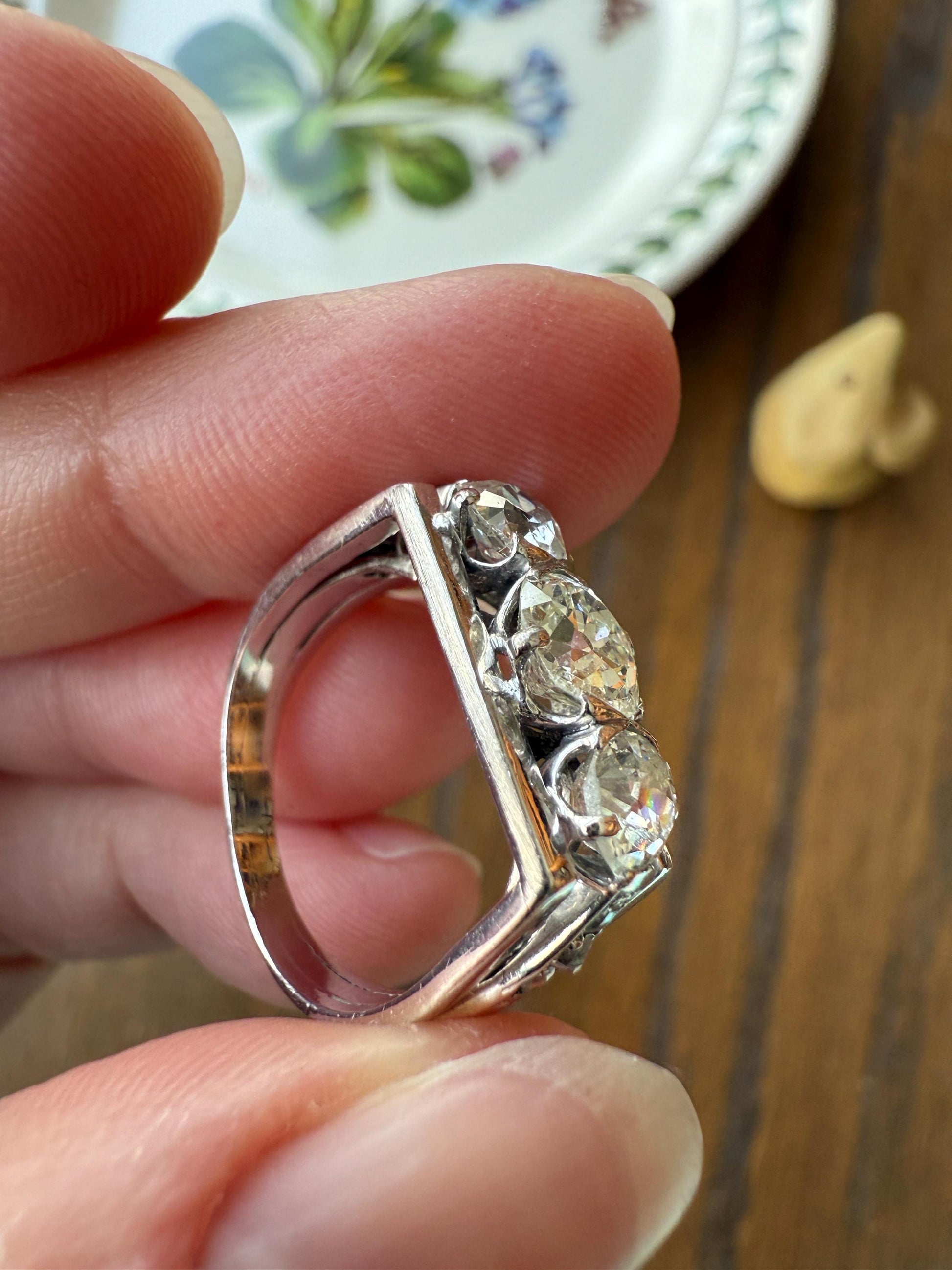 Three Stone Antique 1.75 Carat Old Mine Cut DIAMOND Chunky Tank Geometric Wrap Ring 14k White Gold Platinum Squared Band Stacker