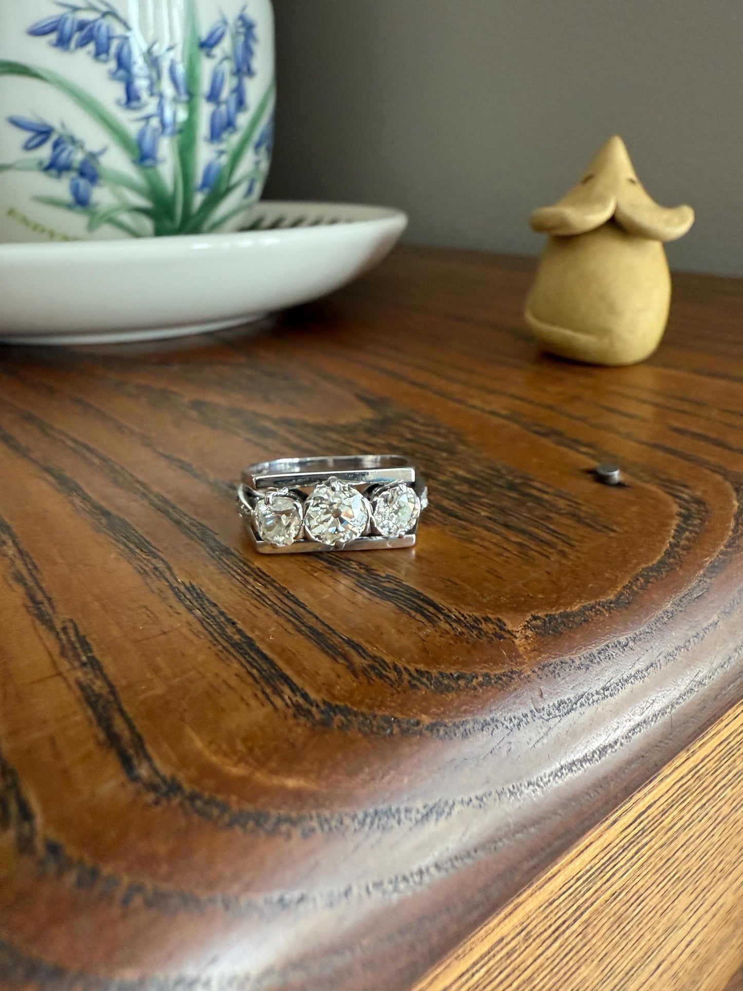 Three Stone Antique 1.75 Carat Old Mine Cut DIAMOND Chunky Tank Geometric Wrap Ring 14k White Gold Platinum Squared Band Stacker