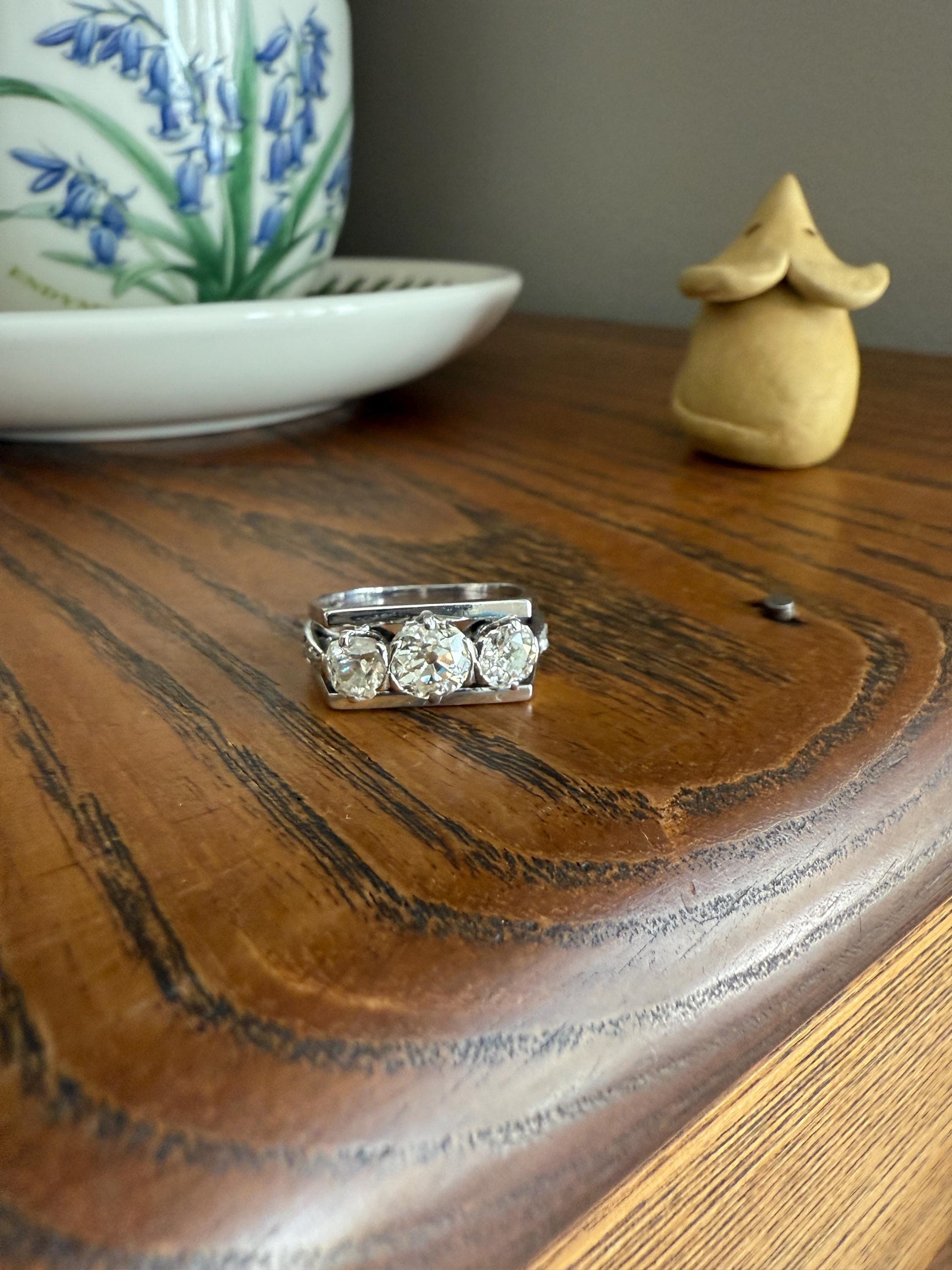 Three Stone Antique 1.75 Carat Old Mine Cut DIAMOND Chunky Tank Geometric Wrap Ring 14k White Gold Platinum Squared Band Stacker
