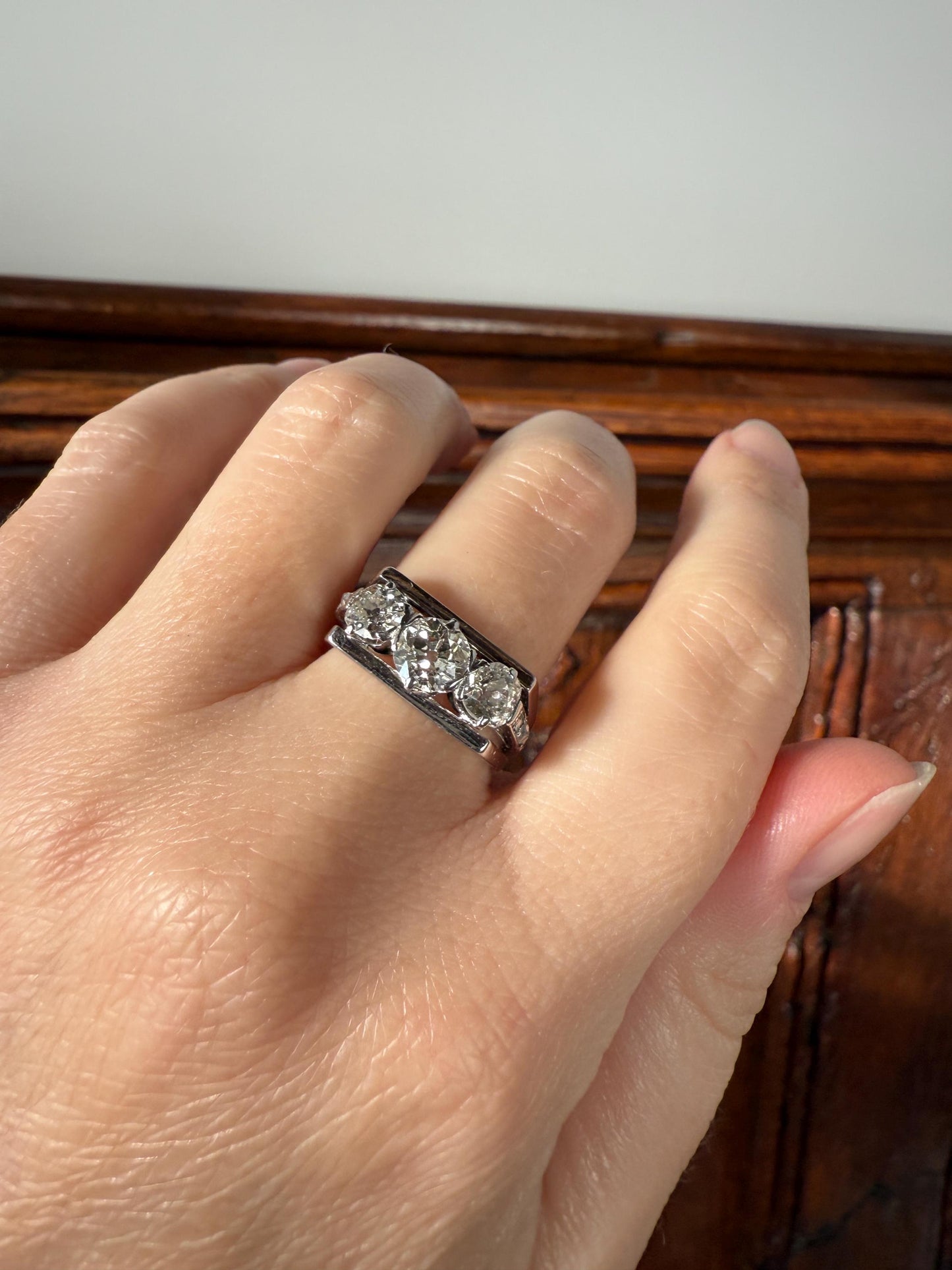 Three Stone Antique 1.75 Carat Old Mine Cut DIAMOND Chunky Tank Geometric Wrap Ring 14k White Gold Platinum Squared Band Stacker