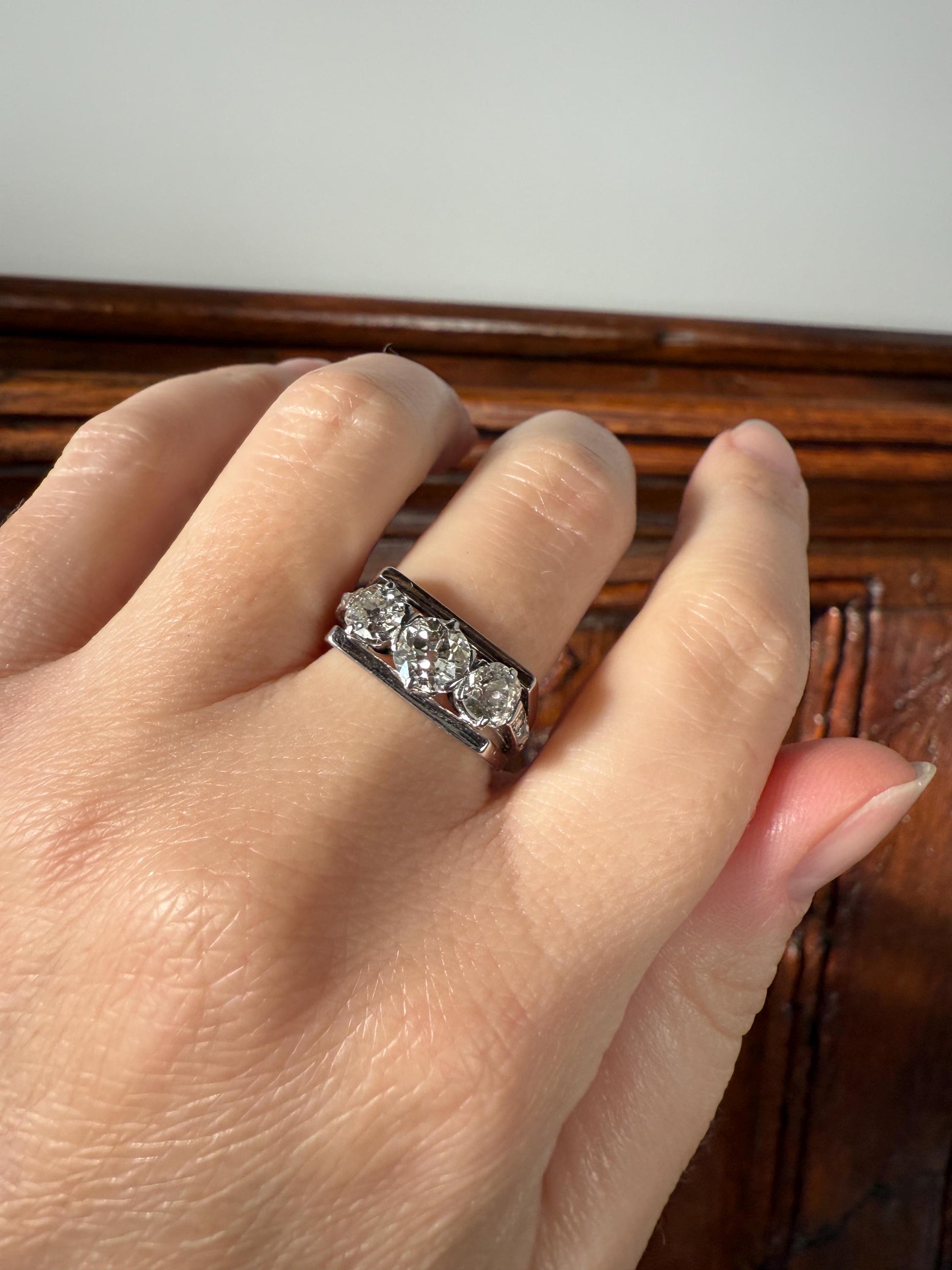 Three Stone Antique 1.75 Carat Old Mine Cut DIAMOND Chunky Tank Geometric Wrap Ring 14k White Gold Platinum Squared Band Stacker