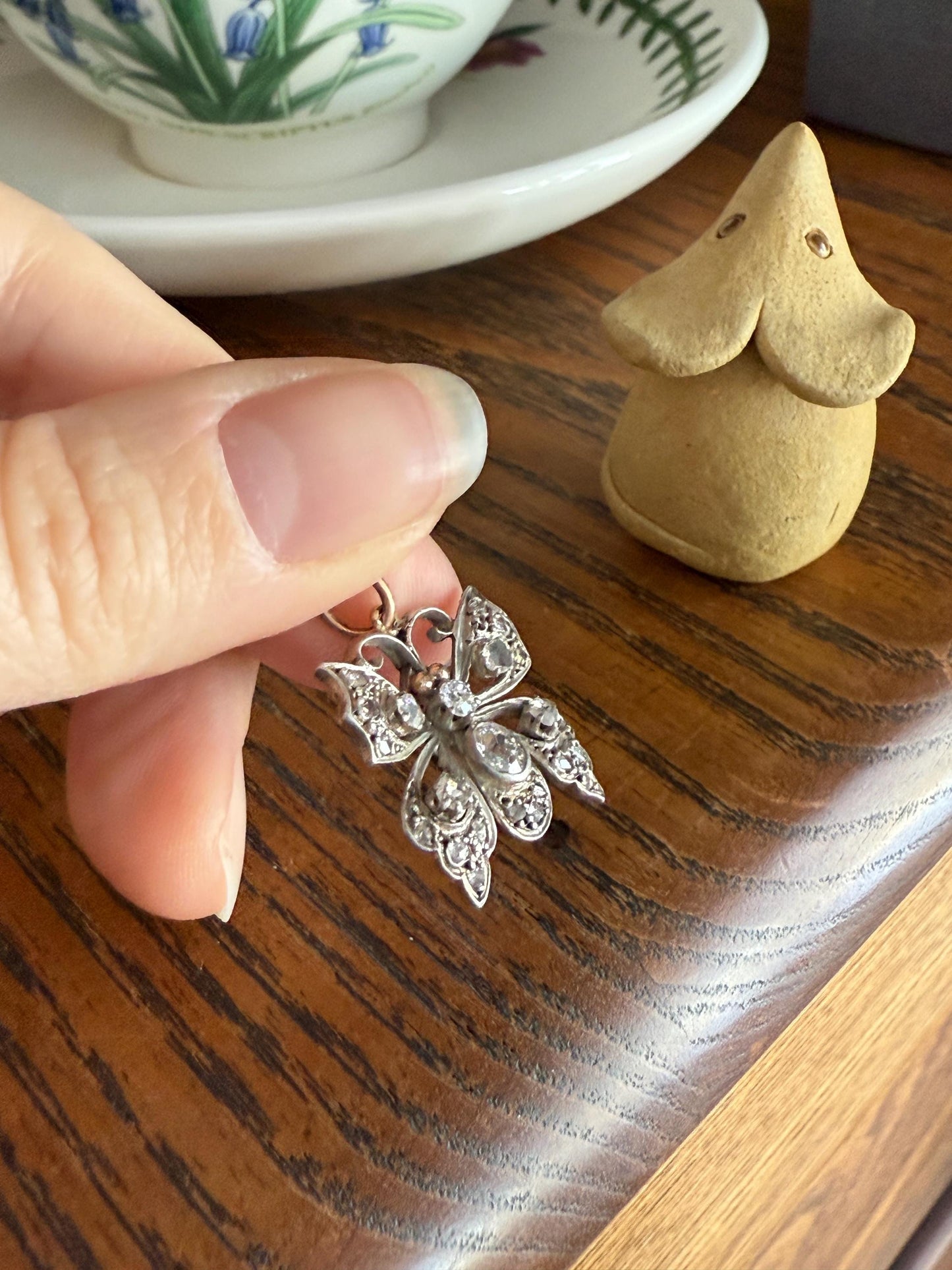 BUTTERFLY Victorian Antique Figural 18k Gold Solid Silver Old Mine Rose Cut Diamond French Belle Epoque Pendant