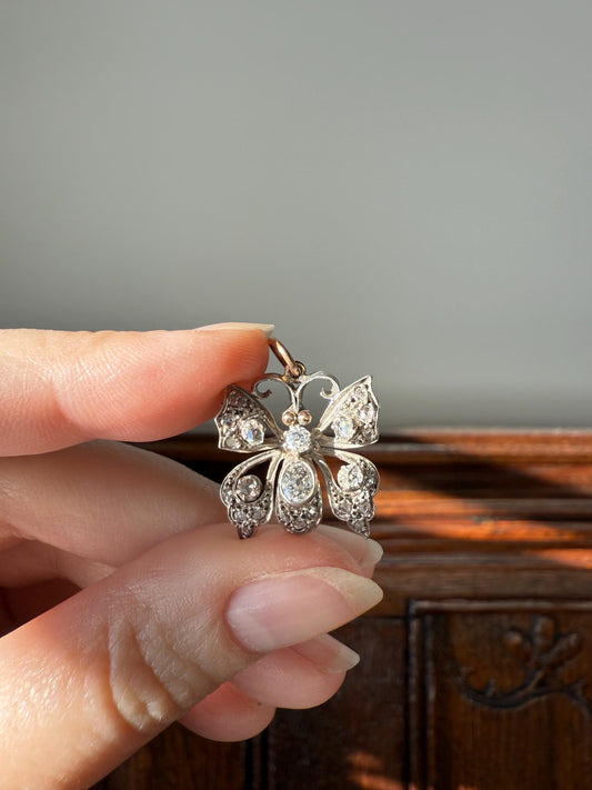 BUTTERFLY Victorian Antique Figural 18k Gold Solid Silver Old Mine Rose Cut Diamond French Belle Epoque Pendant