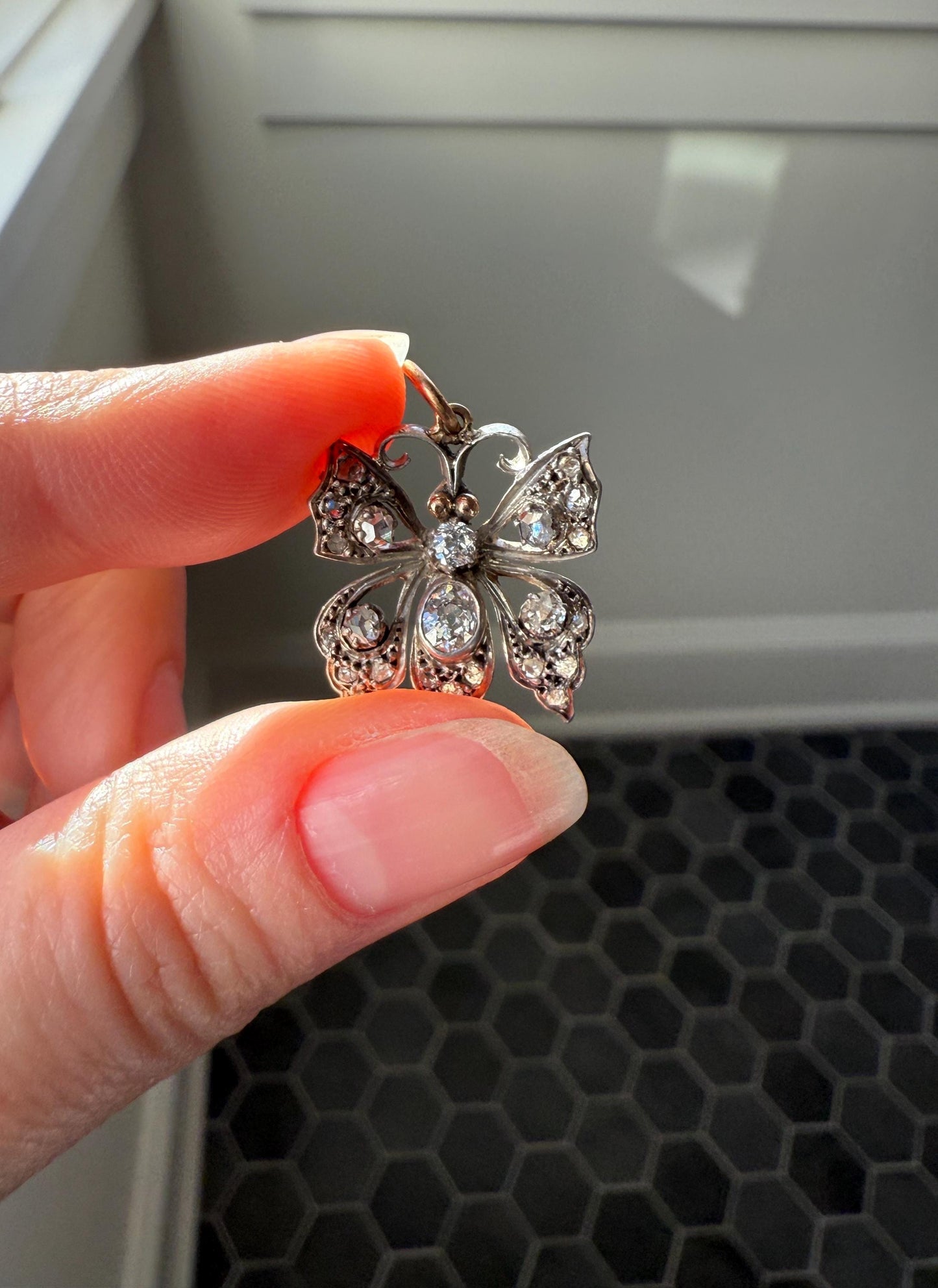 BUTTERFLY Victorian Antique Figural 18k Gold Solid Silver Old Mine Rose Cut Diamond French Belle Epoque Pendant