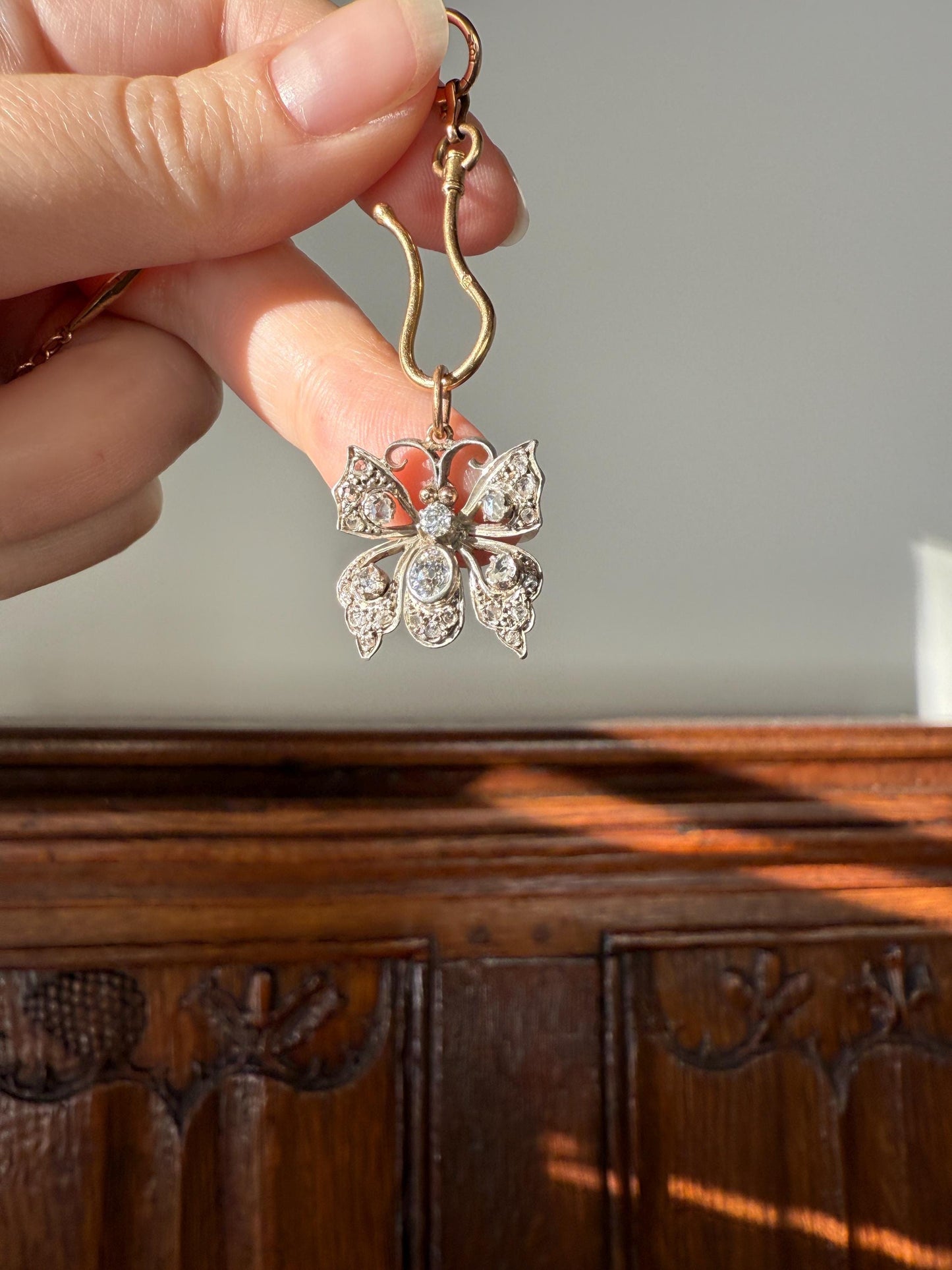 BUTTERFLY Victorian Antique Figural 18k Gold Solid Silver Old Mine Rose Cut Diamond French Belle Epoque Pendant