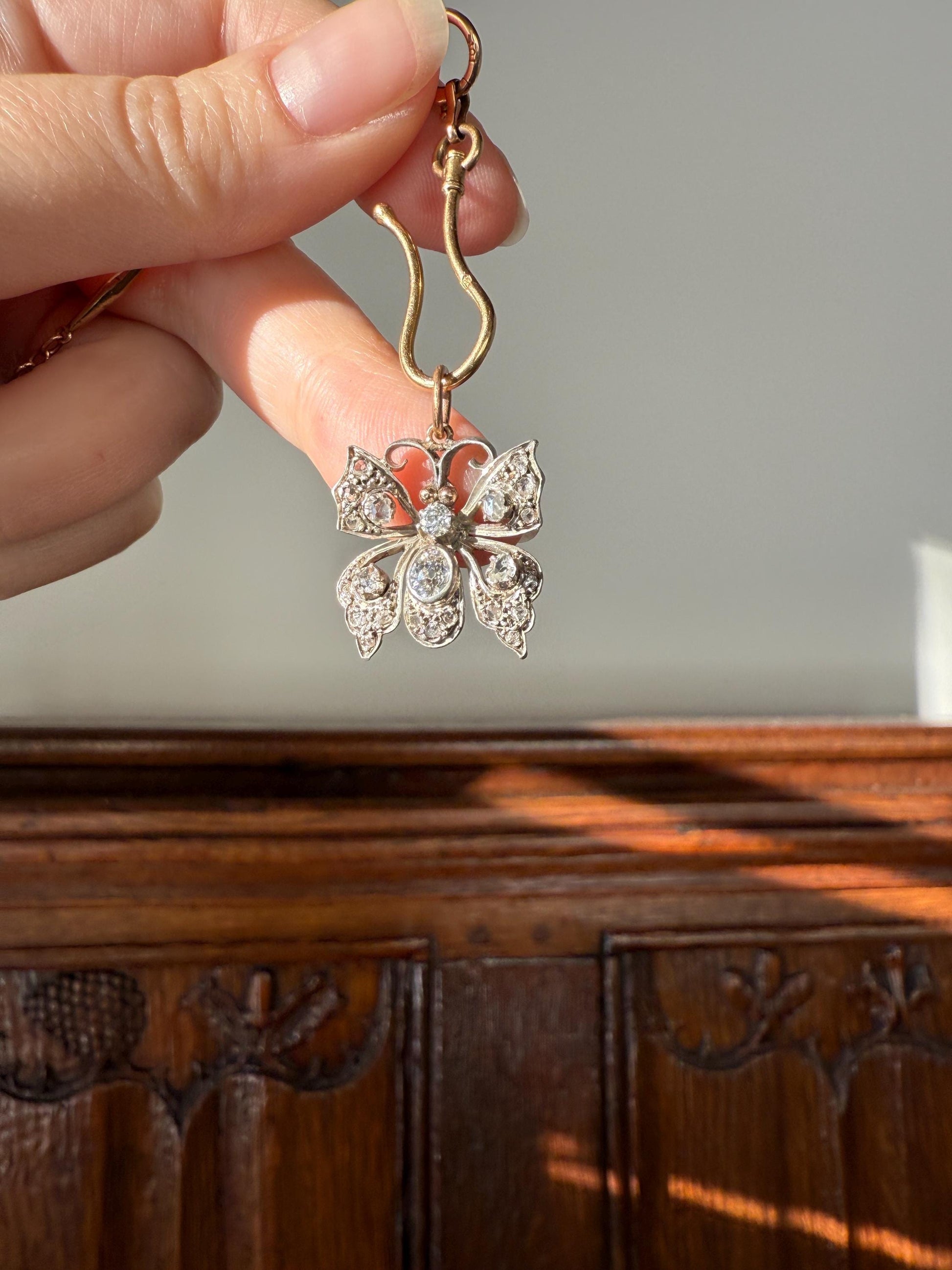 BUTTERFLY Victorian Antique Figural 18k Gold Solid Silver Old Mine Rose Cut Diamond French Belle Epoque Pendant