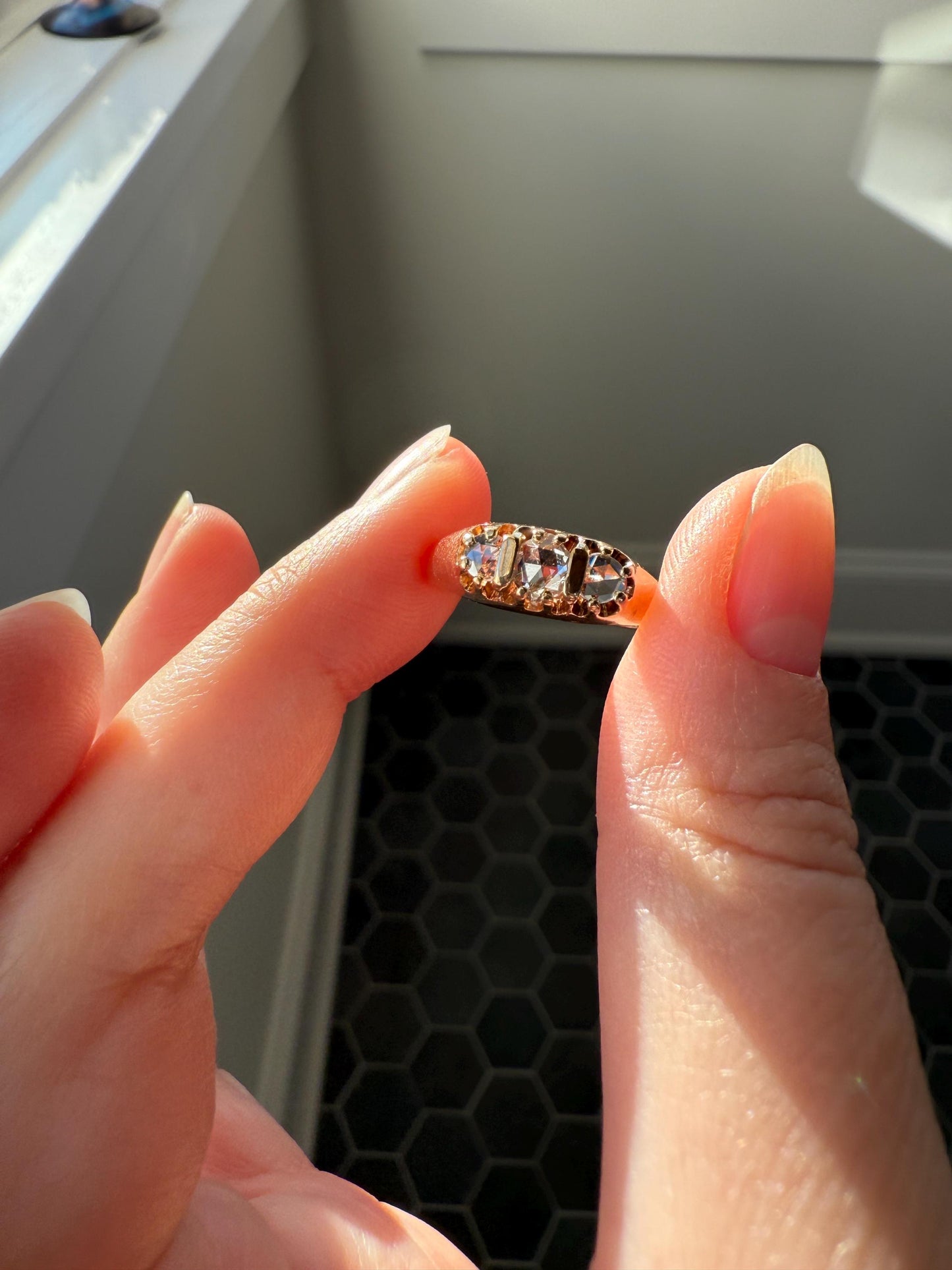 ROSE CUT DIAMOND Three Stone Antique Band Stacker Ring 14k Gold Glowing Trinity