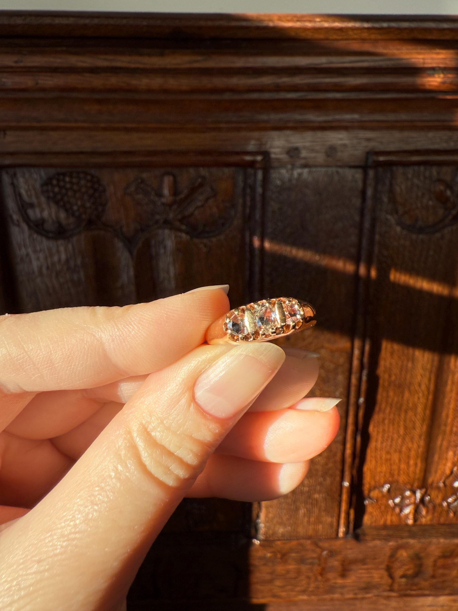 ROSE CUT DIAMOND Three Stone Antique Band Stacker Ring 14k Gold Glowing Trinity