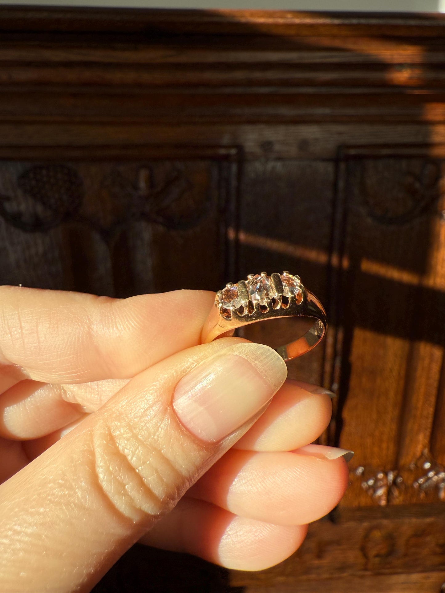 ROSE CUT DIAMOND Three Stone Antique Band Stacker Ring 14k Gold Glowing Trinity