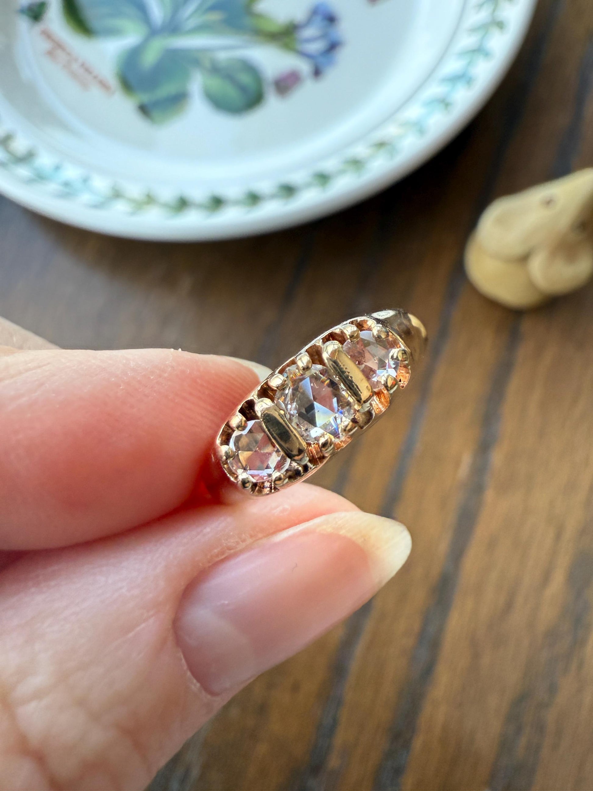 ROSE CUT DIAMOND Three Stone Antique Band Stacker Ring 14k Gold Glowing Trinity