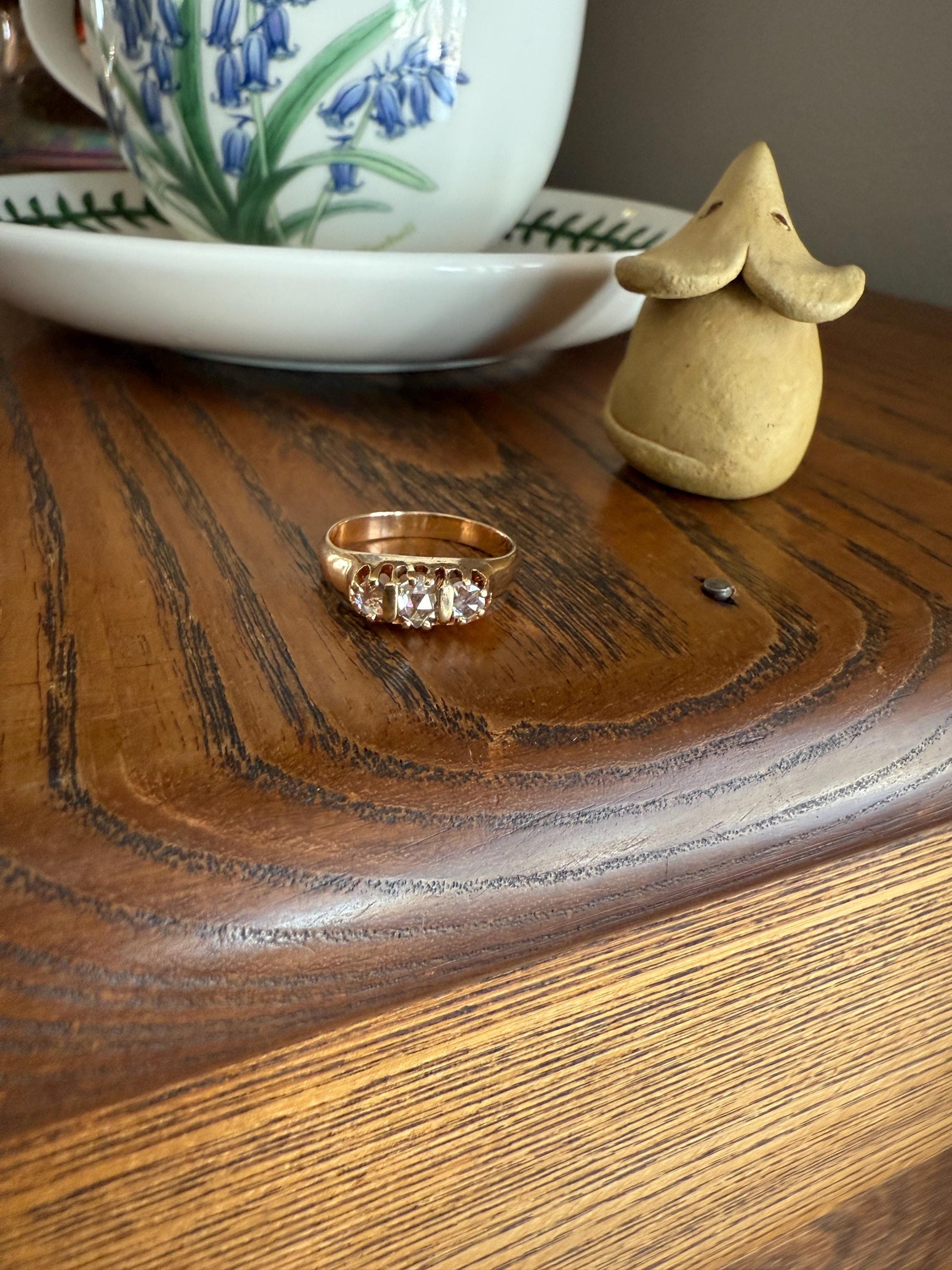 ROSE CUT DIAMOND Three Stone Antique Band Stacker Ring 14k Gold Glowing Trinity