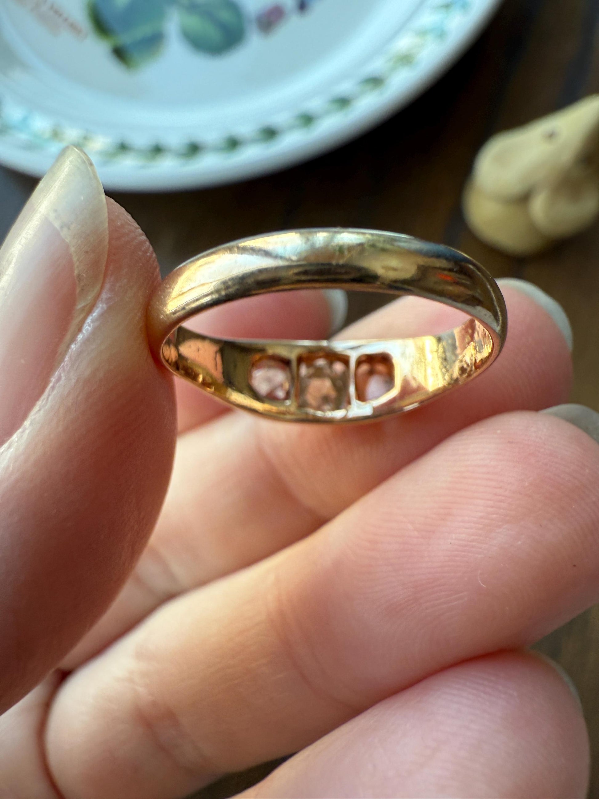 ROSE CUT DIAMOND Three Stone Antique Band Stacker Ring 14k Gold Glowing Trinity