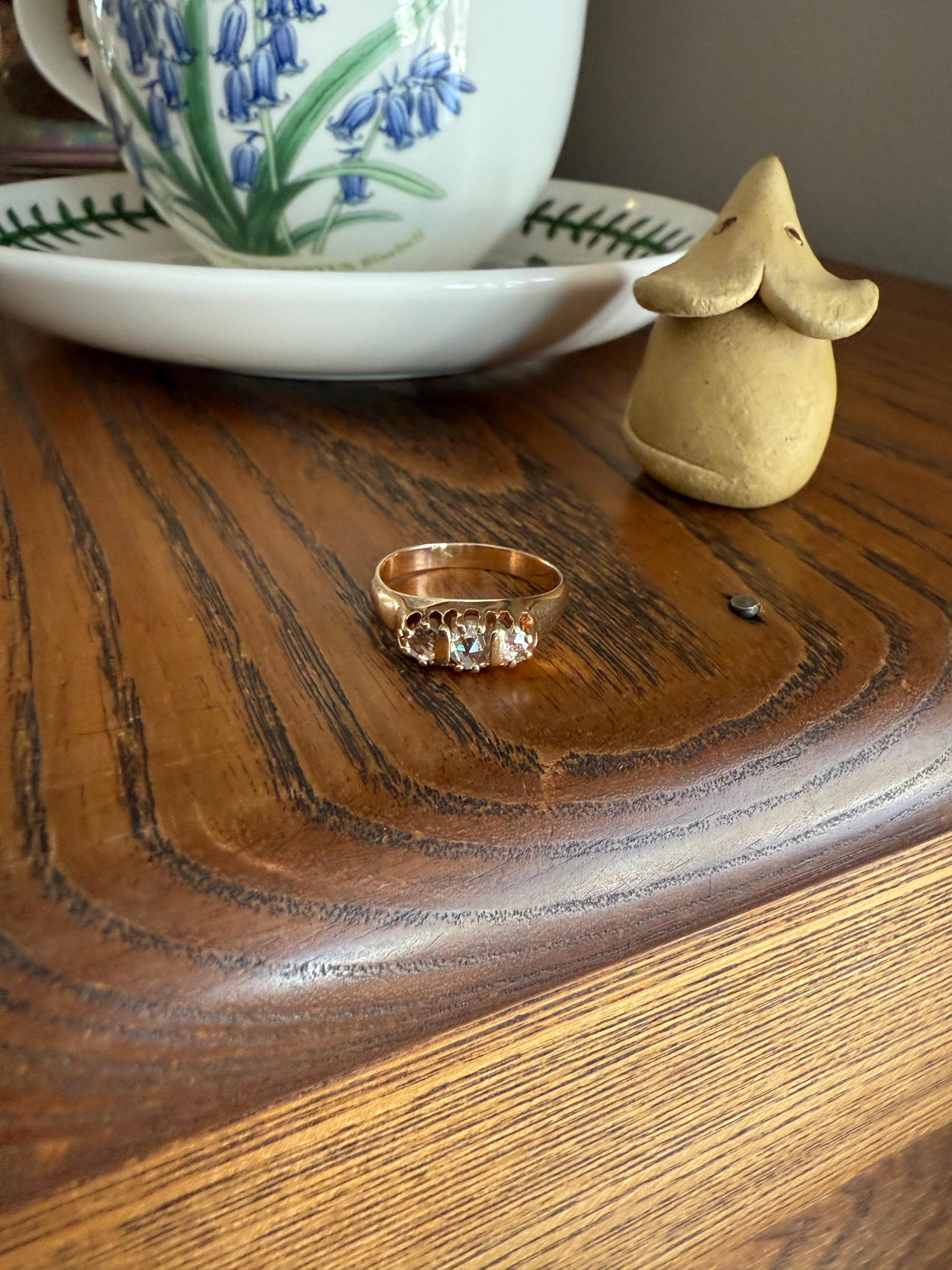 ROSE CUT DIAMOND Three Stone Antique Band Stacker Ring 14k Gold Glowing Trinity