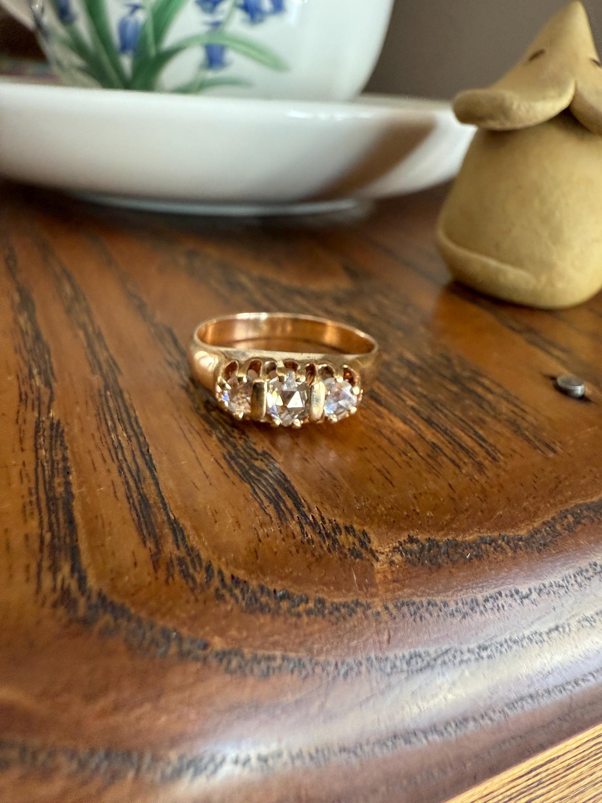 ROSE CUT DIAMOND Three Stone Antique Band Stacker Ring 14k Gold Glowing Trinity