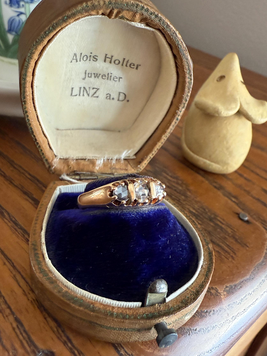 ROSE CUT DIAMOND Three Stone Antique Band Stacker Ring 14k Gold Glowing Trinity