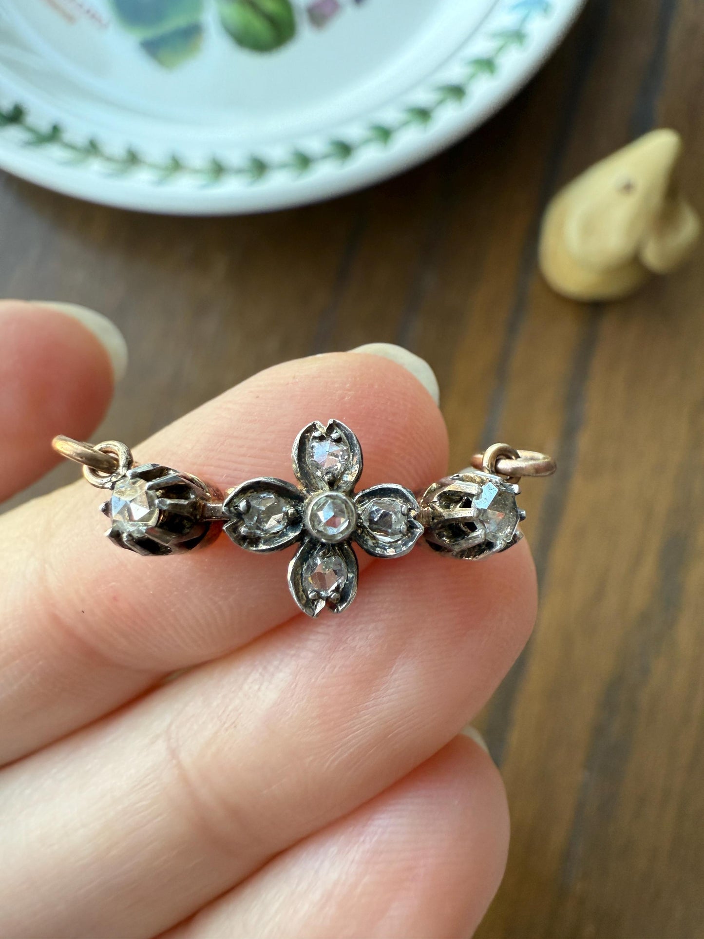 FLOWER Antique Rose Cut Diamond Hinged Pendant Forget Me Not Extender Connector Floral Sparkle Encrusted Figural Victorian Parts Findings