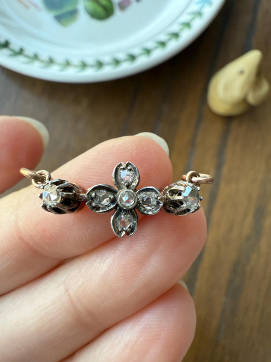 FLOWER Antique Rose Cut Diamond Hinged Pendant Forget Me Not Extender Connector Floral Sparkle Encrusted Figural Victorian Parts Findings