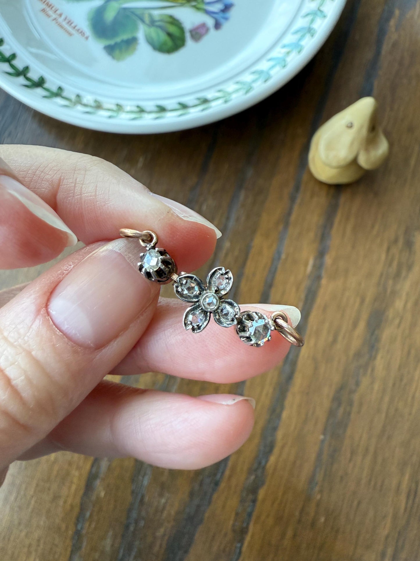 FLOWER Antique Rose Cut Diamond Hinged Pendant Forget Me Not Extender Connector Floral Sparkle Encrusted Figural Victorian Parts Findings