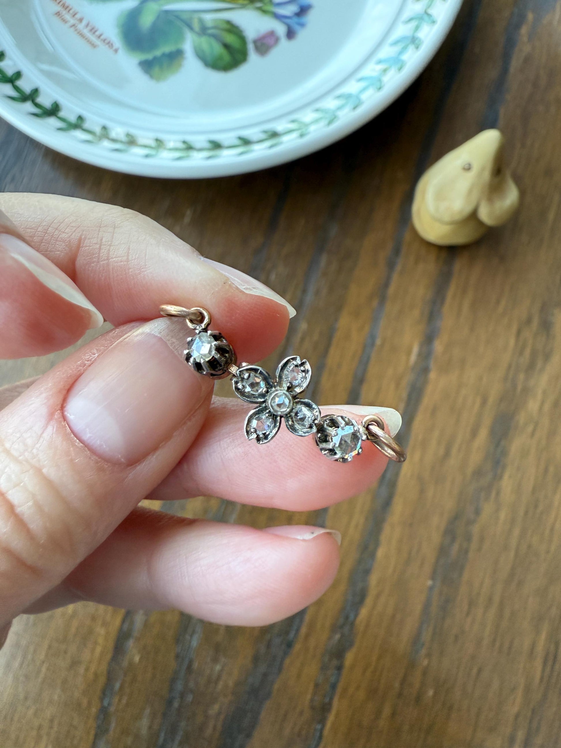 FLOWER Antique Rose Cut Diamond Hinged Pendant Forget Me Not Extender Connector Floral Sparkle Encrusted Figural Victorian Parts Findings