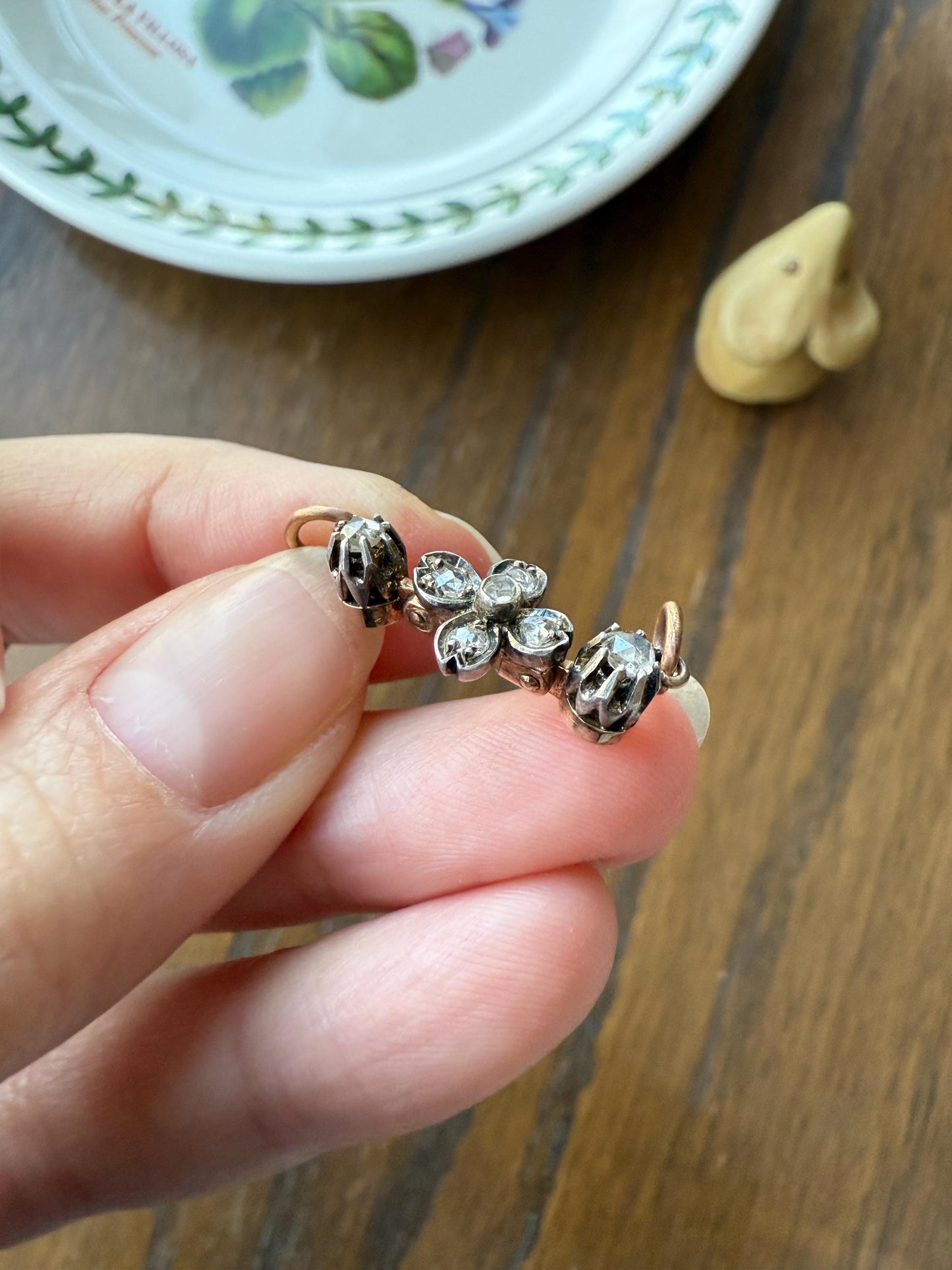 FLOWER Antique Rose Cut Diamond Hinged Pendant Forget Me Not Extender Connector Floral Sparkle Encrusted Figural Victorian Parts Findings