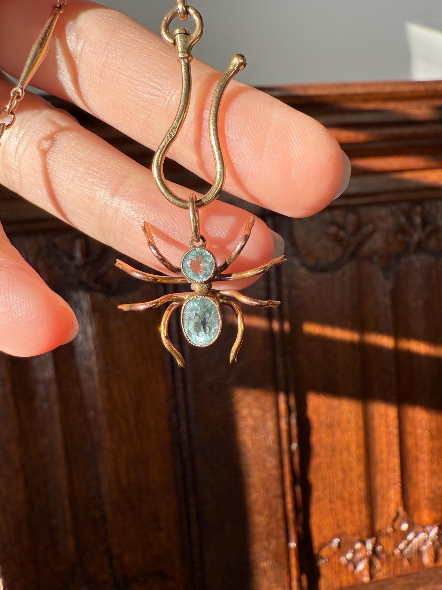 SPIDER Victorian Antique Figural 10k Gold Light Blue Paste Aquamarine Pendant Bugs Insects