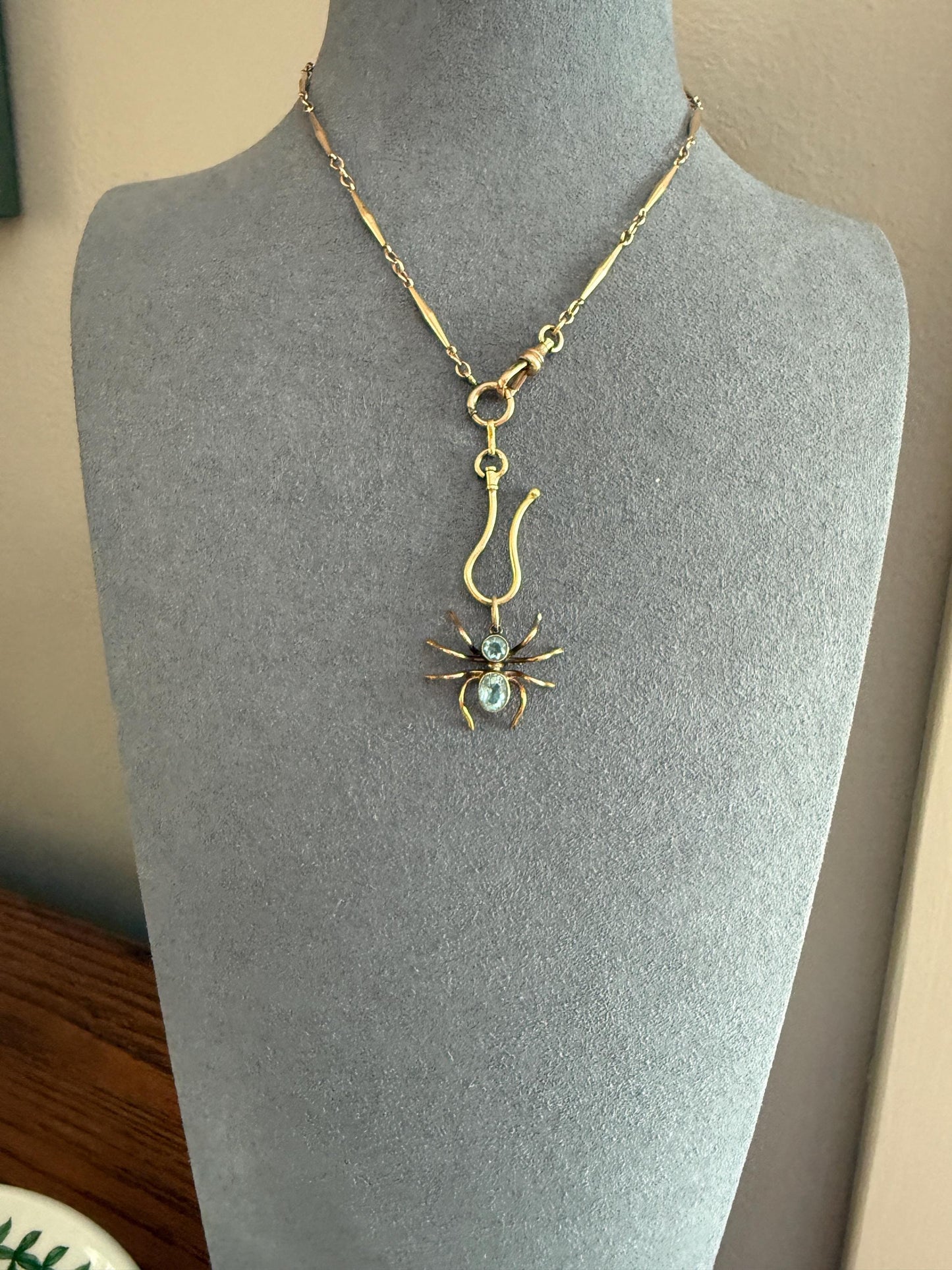 SPIDER Victorian Antique Figural 10k Gold Light Blue Paste Aquamarine Pendant Bugs Insects