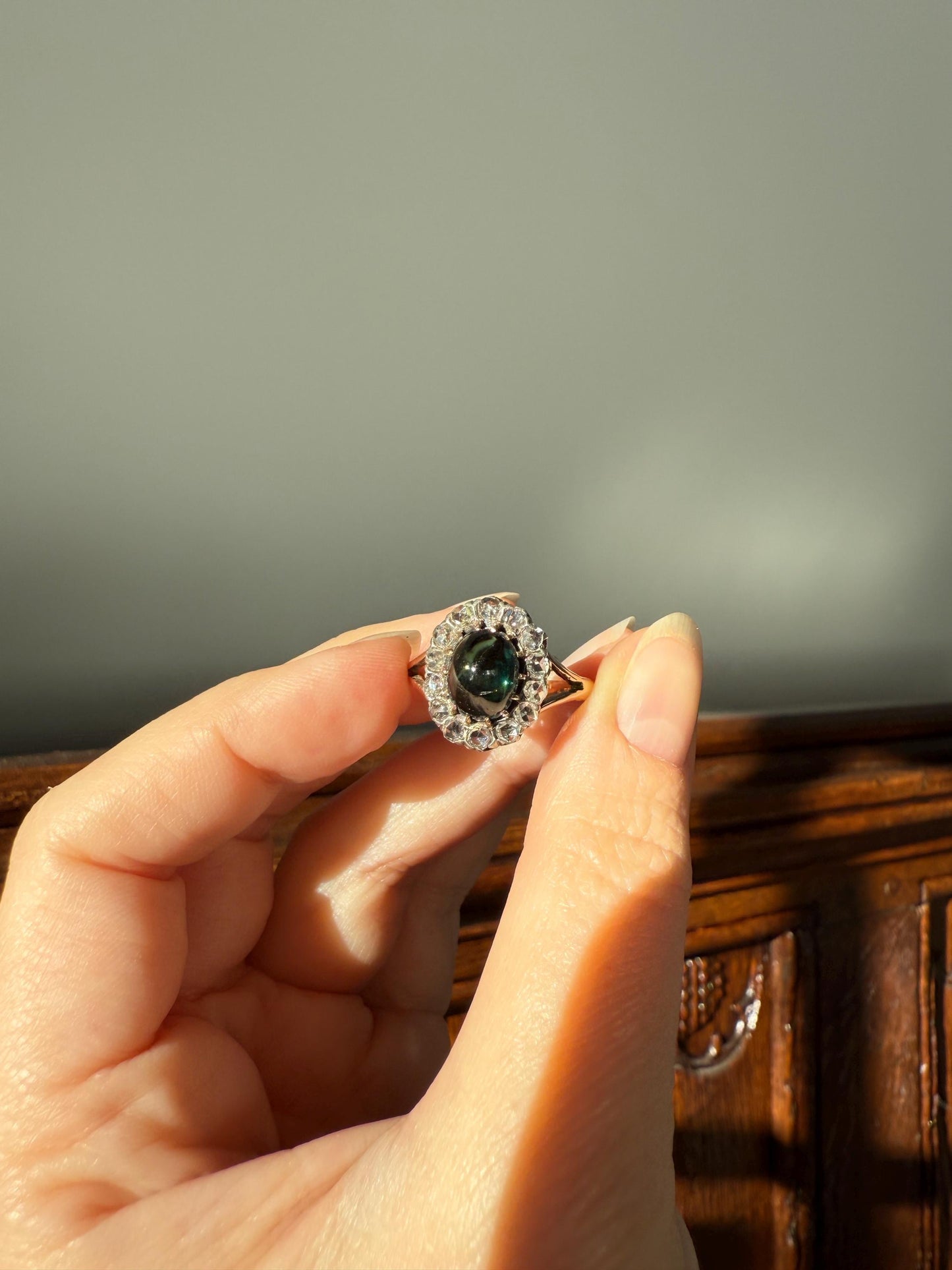 SAPPHIRE Antique Natural Blue Green Cabochon Rose Cut DIAMOND Halo Ring 14k Gold & Silver Domed Orb Unique Teal Gift Stacker